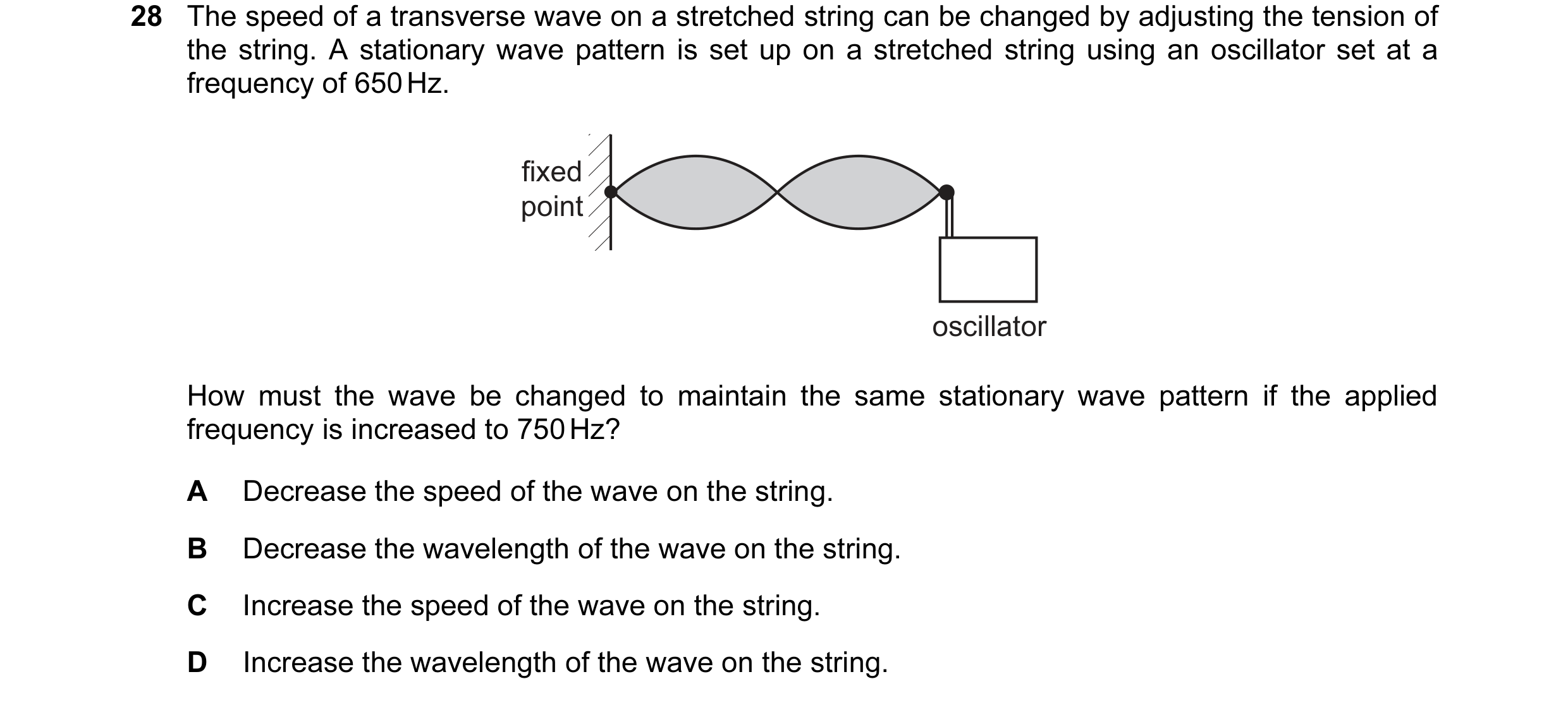 Question 29: The speed of a transverse wave on a stretched string can be changed by adjusting the tension of the string. A stationary wave pattern is se…