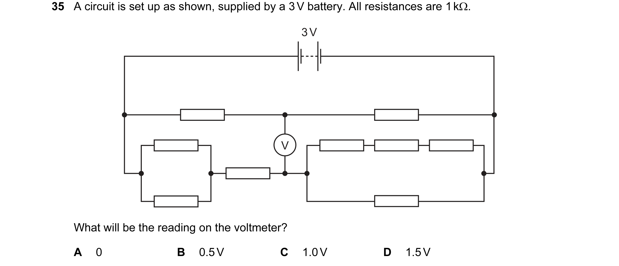 Question 29: A circuit is set up as shown, supplied by a 3 V battery. All resistances are 1 kΩ. 3 V V What will be the reading on the voltmeter? A 0 B 0…