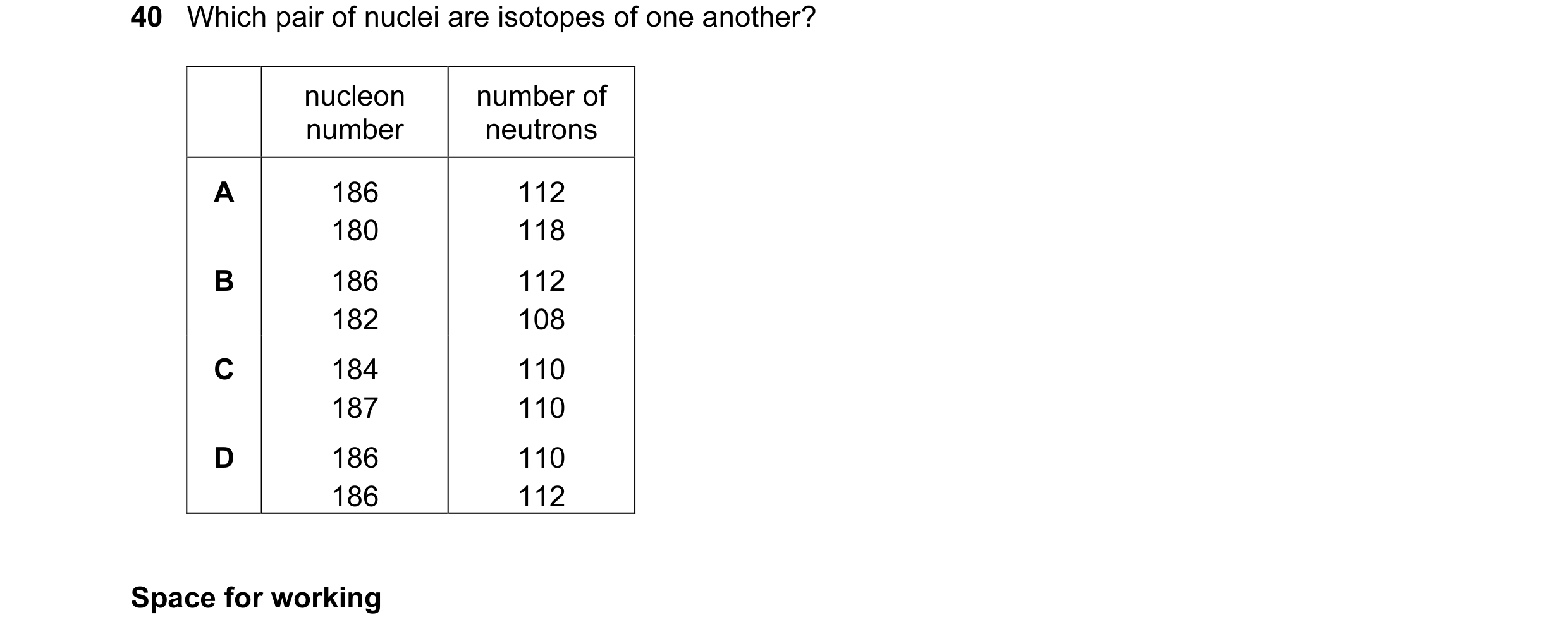 Question 43: Which pair of nuclei are isotopes of one another? nucleon number of number neutrons A 186 112 180 118 B 186 112 182 108 C 184 110 187 110 D…