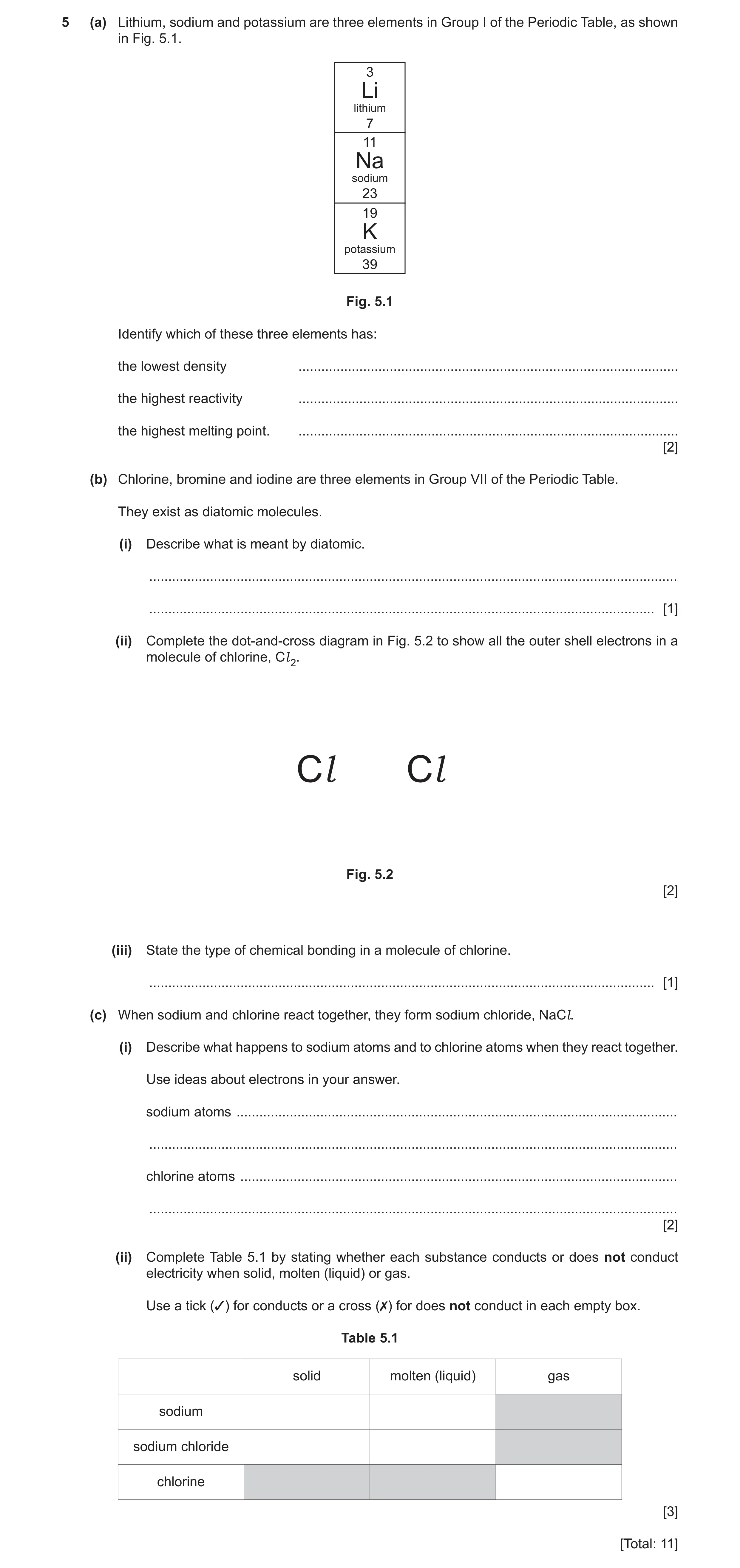 Question 18: (a) Lithium, sodium and potassium are three elements in Group I of the Periodic Table, as shown in Fig. 5.1. 3 Li lithium 7 11 Na sodium 23…