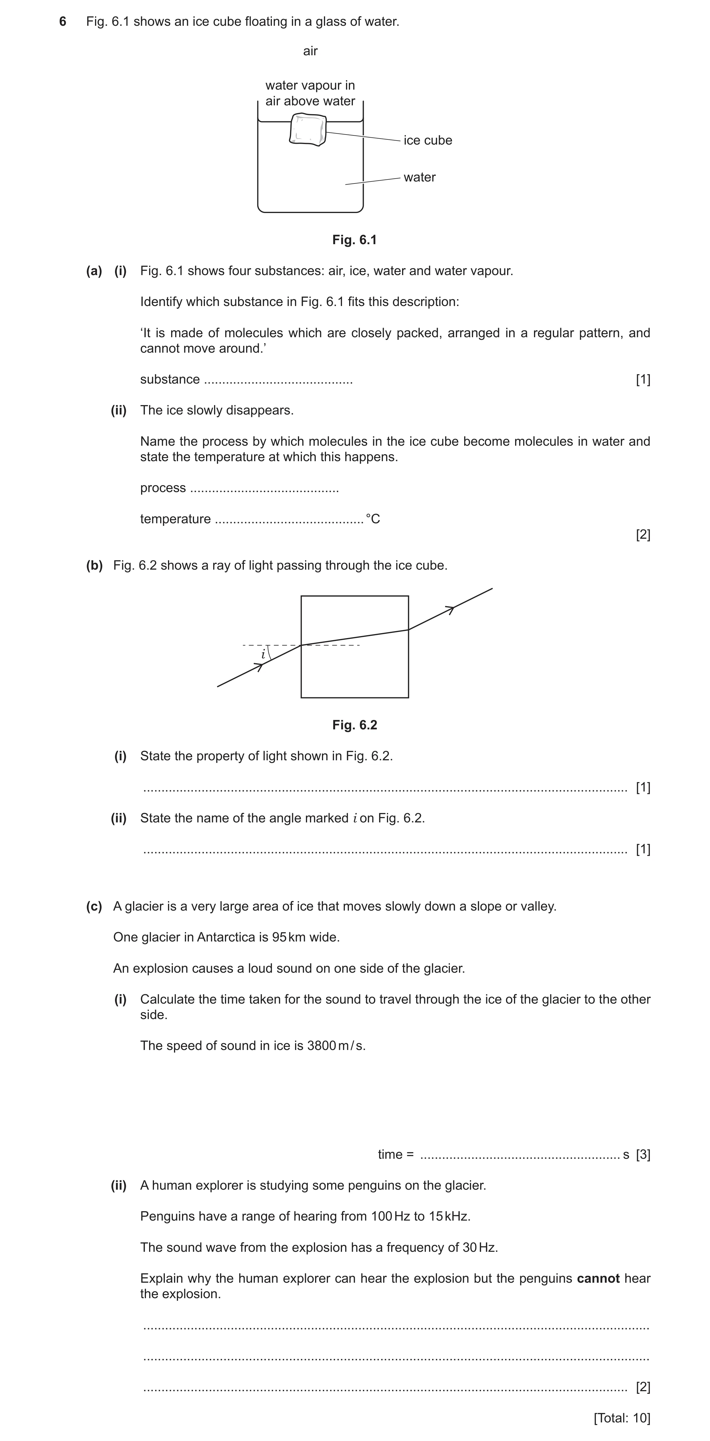 Question 8: Fig. 6.1 shows an ice cube floating in a glass of water. air water vapour in air above water ice cube water Fig. 6.1 (a) (i) Fig. 6.1 shows…