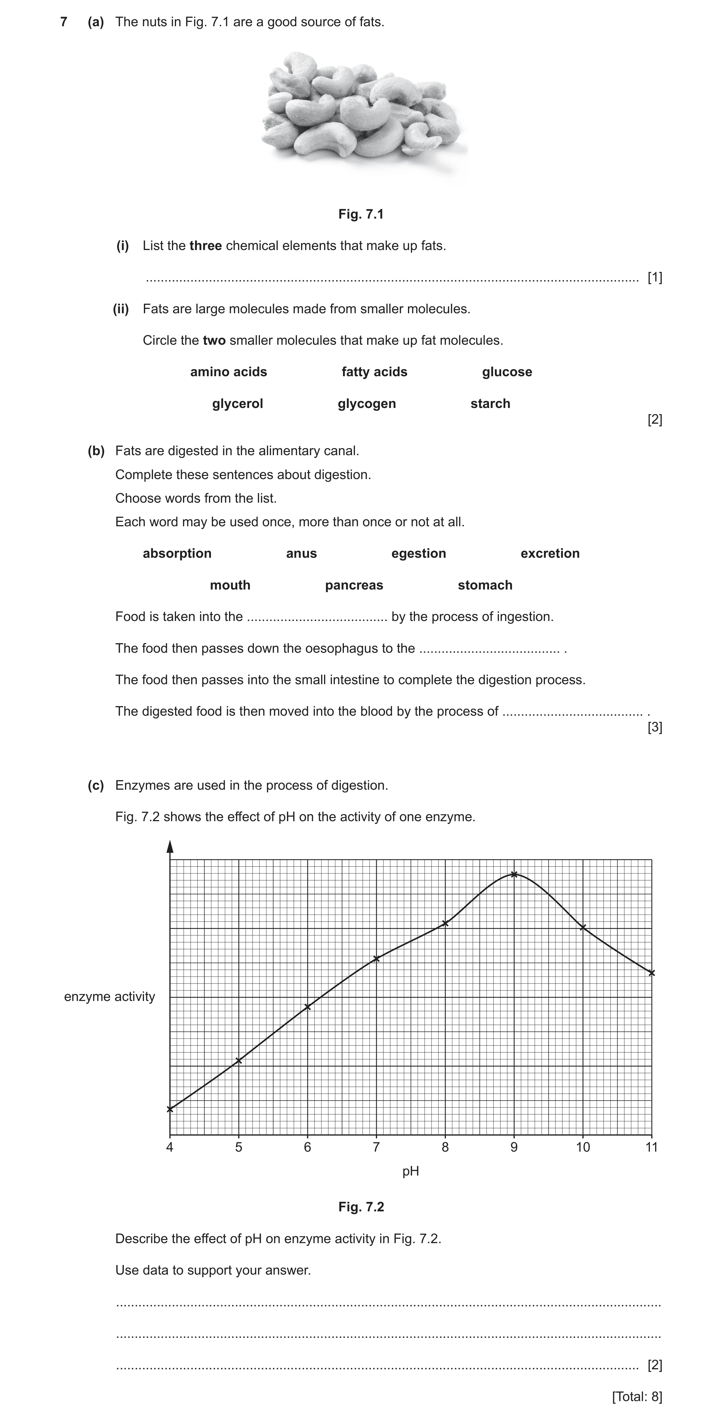 Question 13: (a) The nuts in Fig. 7.1 are a good source of fats. Fig. 7.1 (i) List the three chemical elements that make up fats. ......................…