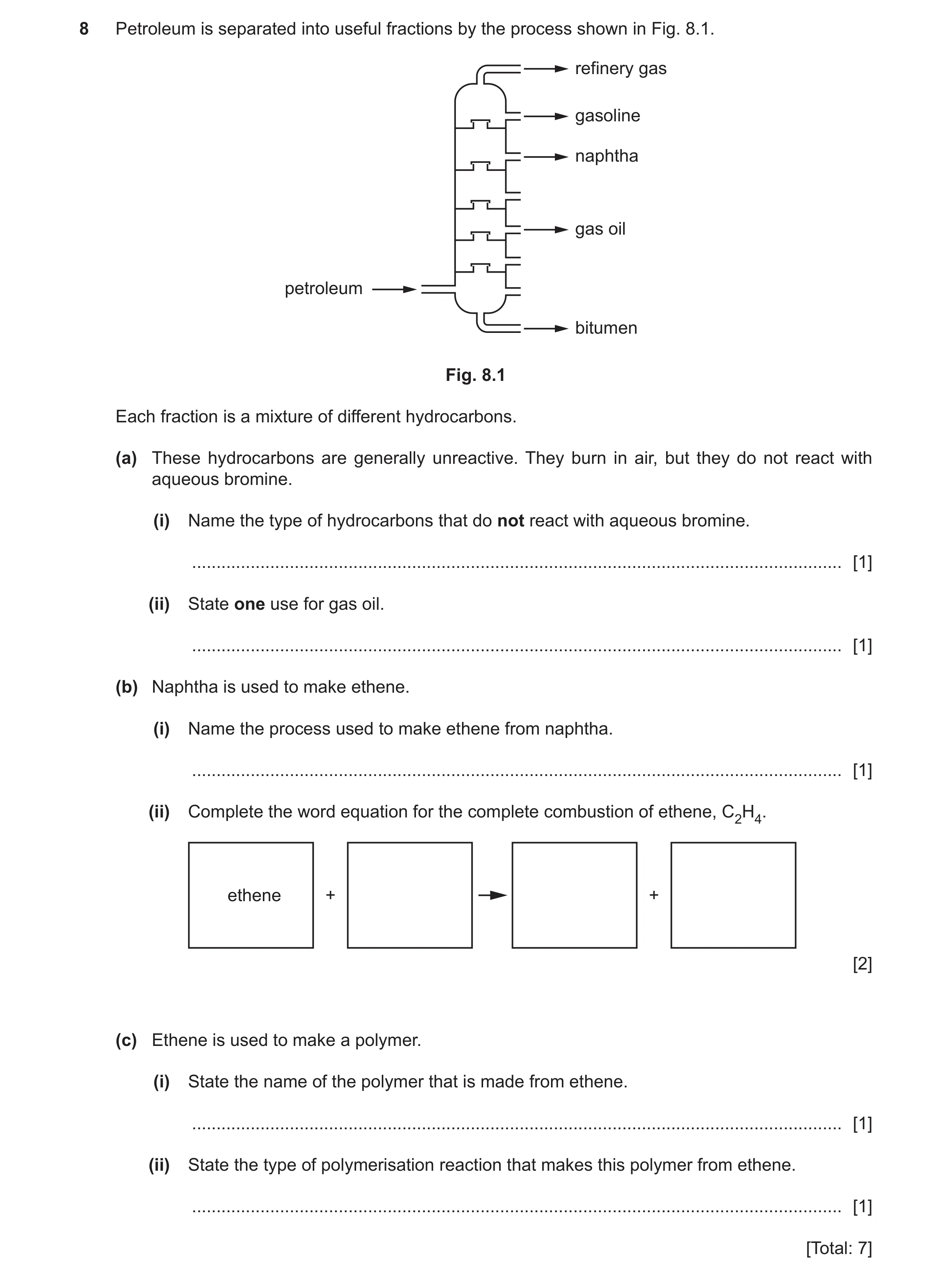 Question 17: Petroleum is separated into useful fractions by the process shown in Fig. 8.1. refinery gas gasoline naphtha gas oil petroleum bitumen Fig.…