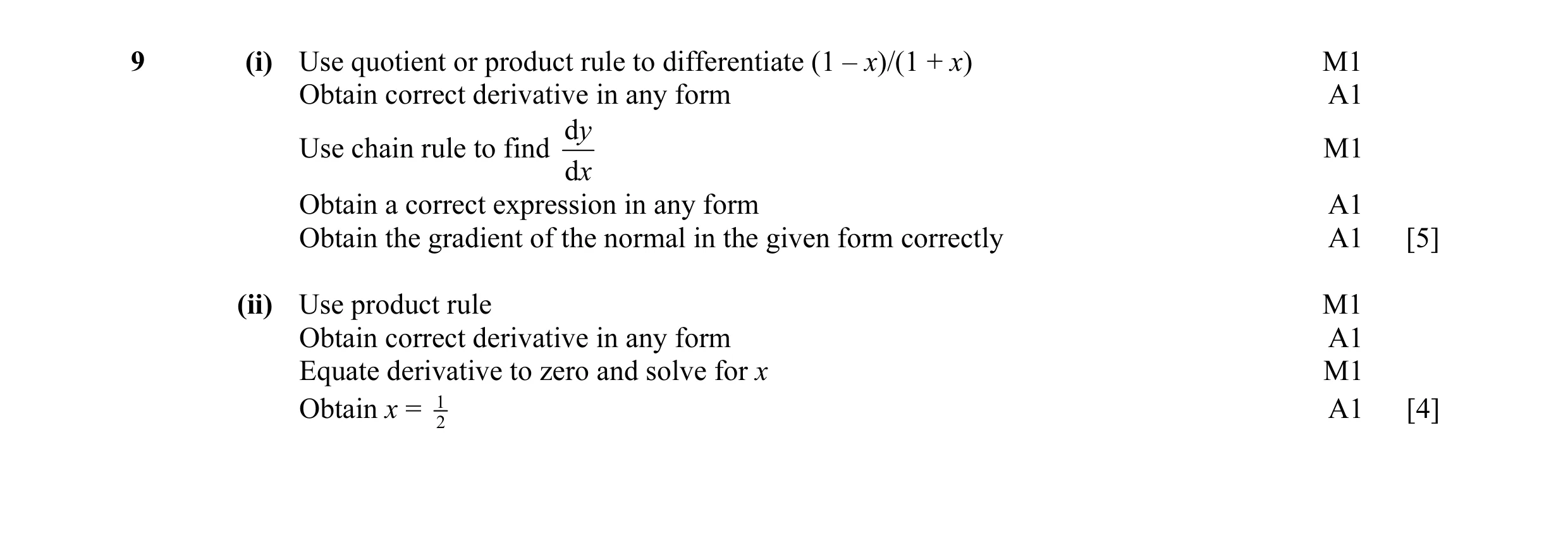 Mark scheme for question 9