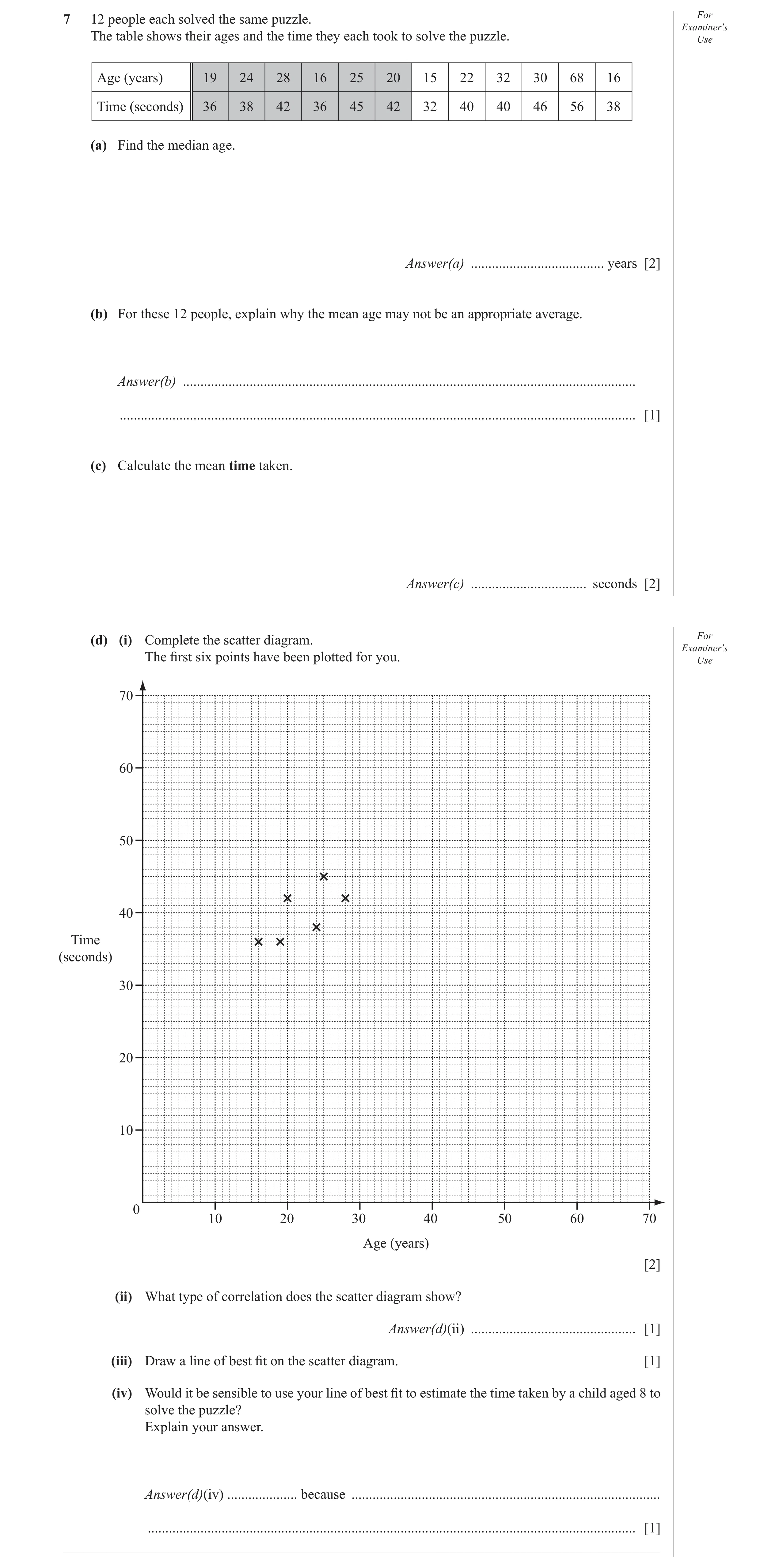Question 23: 12 people each solved the same puzzle. For Examiner′s The table shows their ages and the time they each took to solve the puzzle. Use Age (…