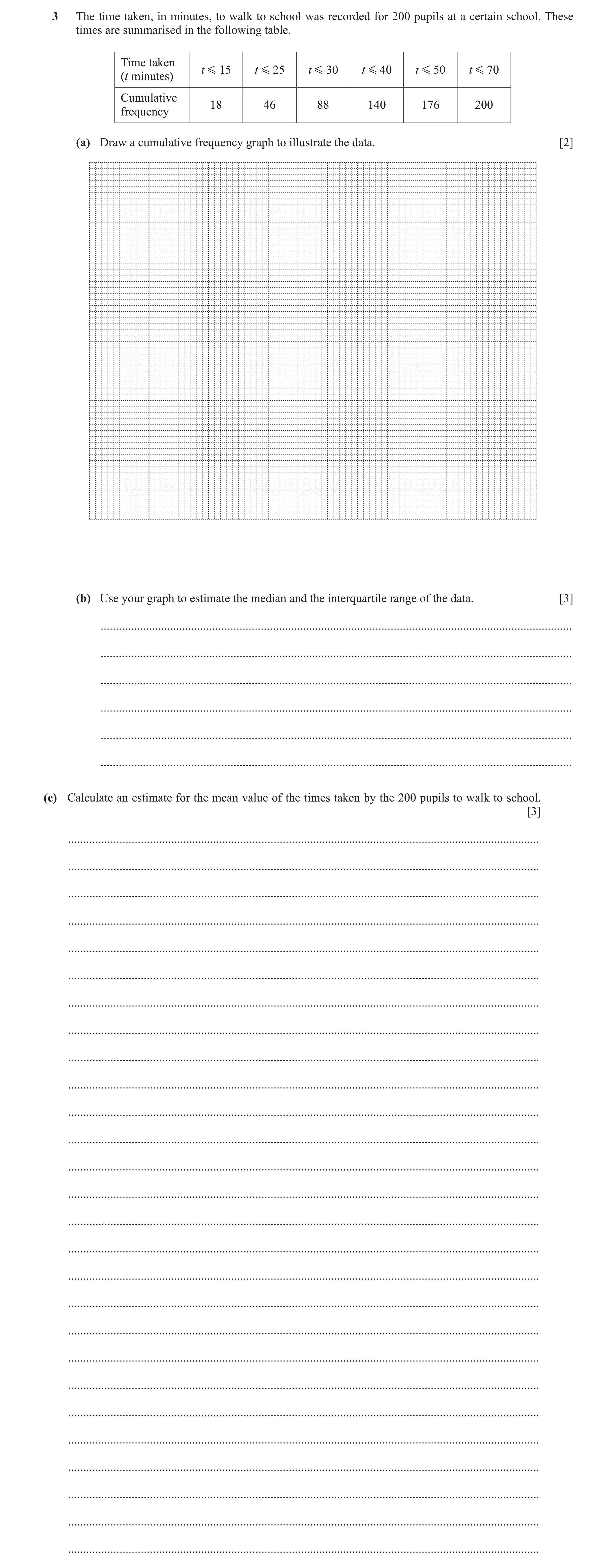 Question 40: The time taken, in minutes, to walk to school was recorded for 200 pupils at a certain school. These times are summarised in the following …