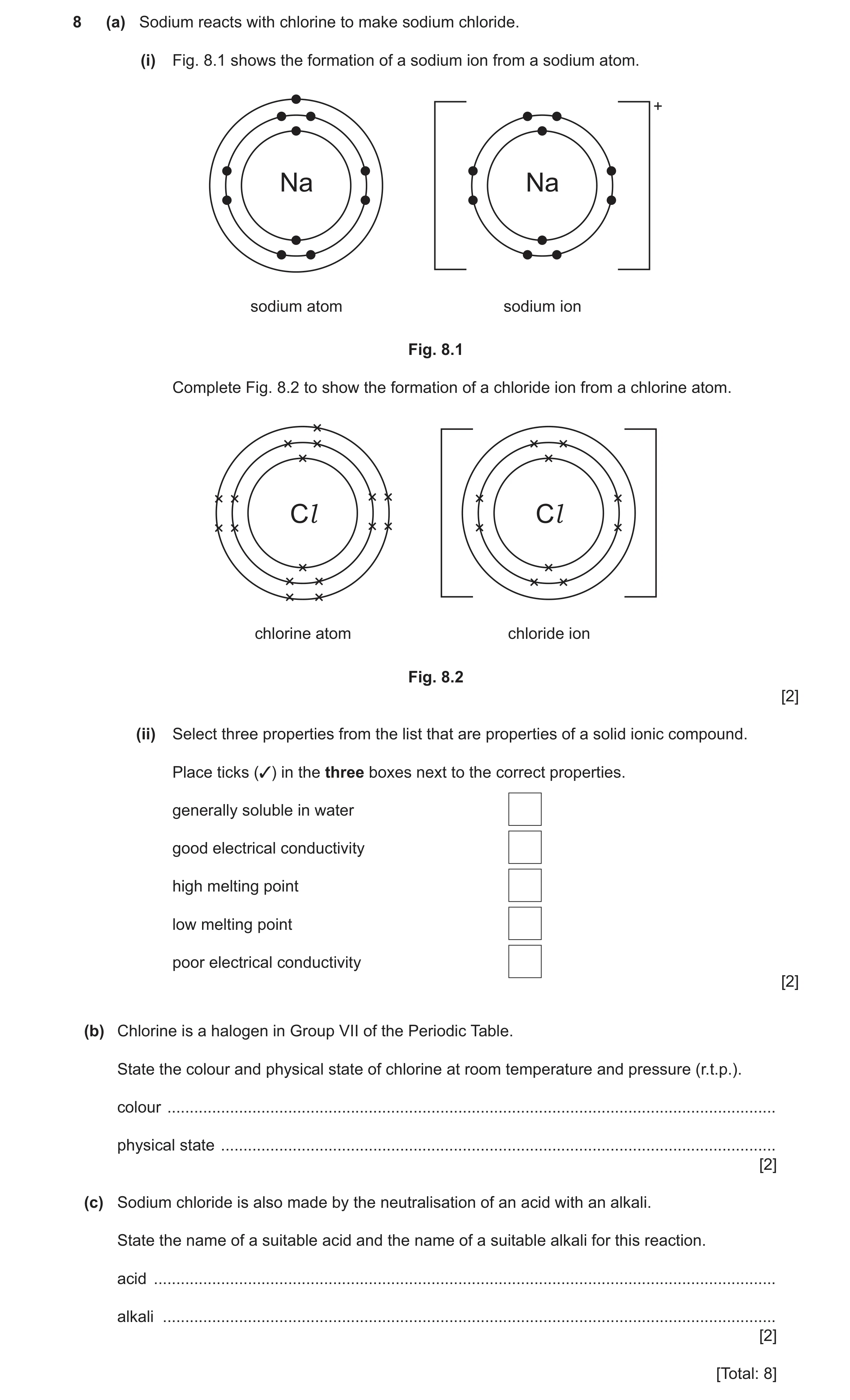 Question 18: (a) Sodium reacts with chlorine to make sodium chloride. (i) Fig. 8.1 shows the formation of a sodium ion from a sodium atom. + Na Na sodiu…