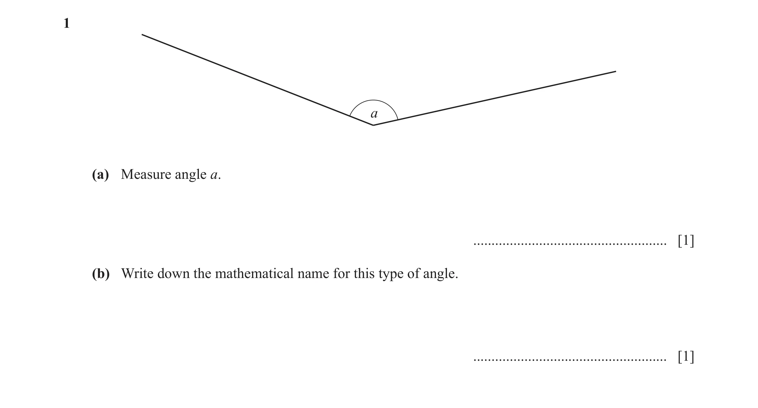 Question 94: a (a) Measure angle a. ..................................................... [1] (b) Write down the mathematical name for this type of angl…