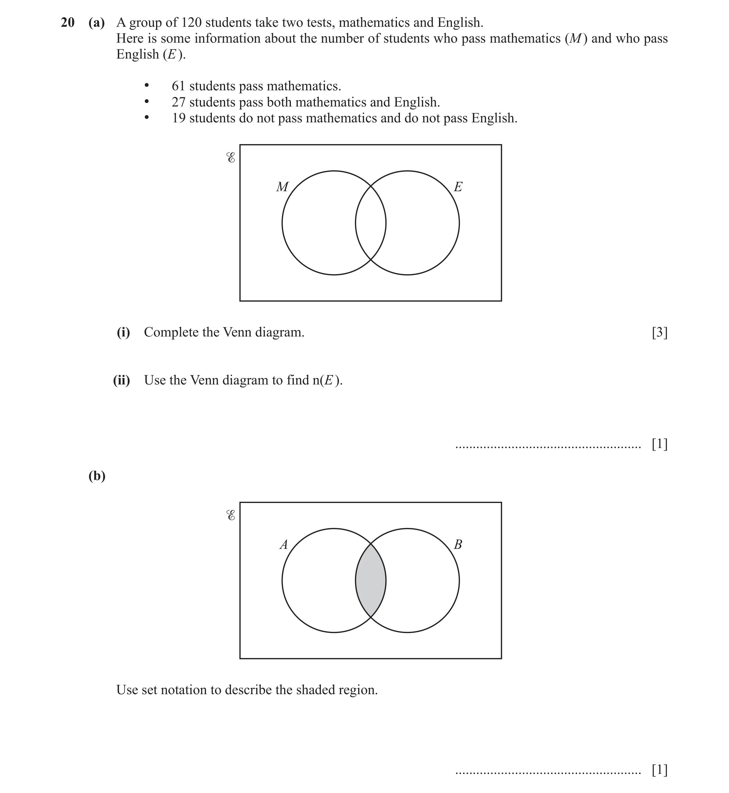 Question 2: (a) A group of 120 students take two tests, mathematics and English. Here is some information about the number of students who pass mathema…
