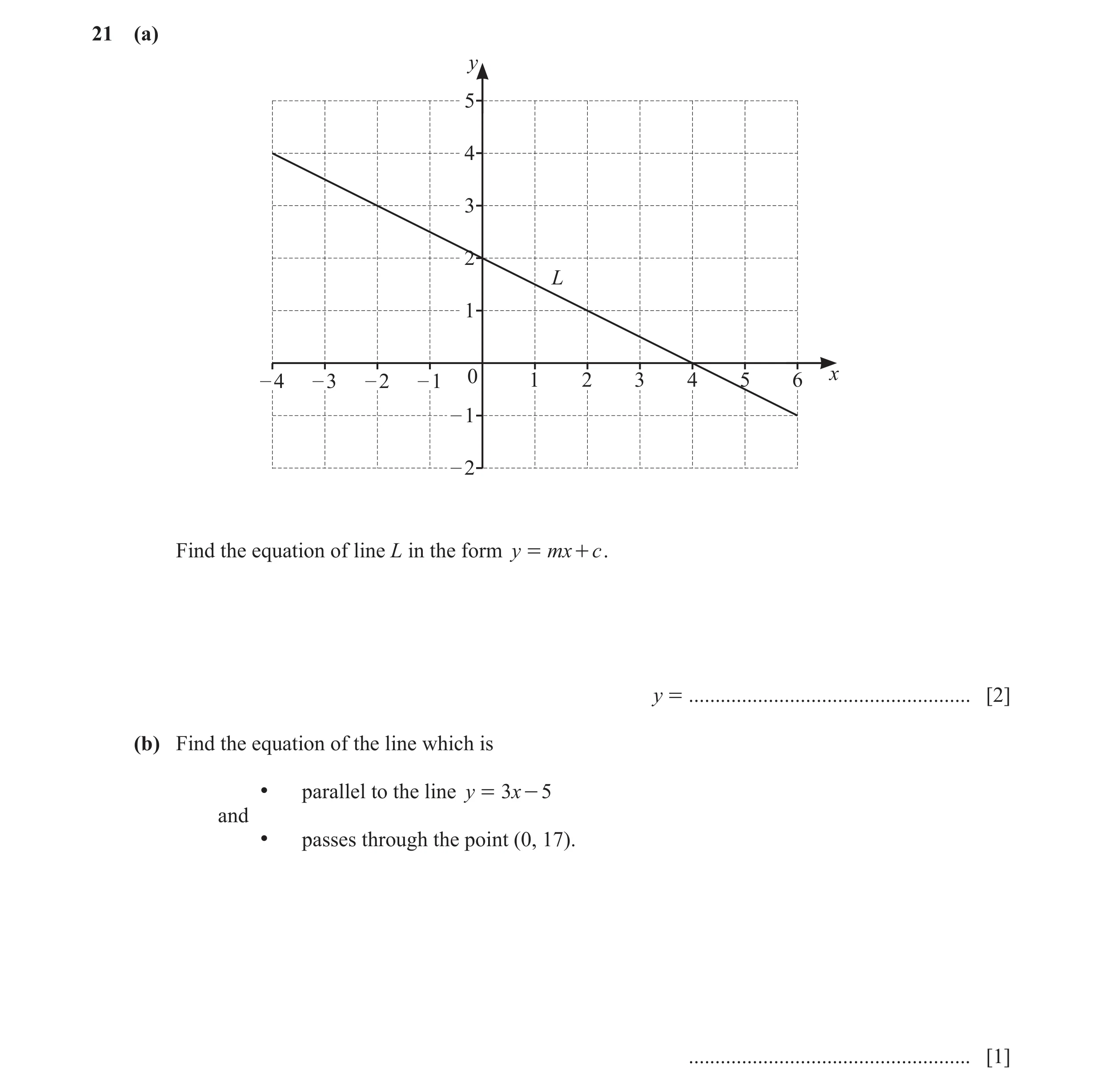 Question 29: (a) y 5 4 3 2 L 1 – 4 – 3 – 2 – 1 0 1 2 3 4 5 6 x – 1 – 2 Find the equation of line L in the form y = mx + c . y = ........................…