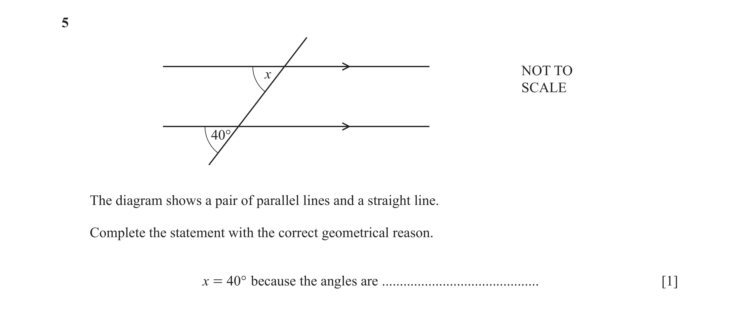 Question 95: x NOT TO SCALE 40° The diagram shows a pair of parallel lines and a straight line. Complete the statement with the correct geometrical reas…