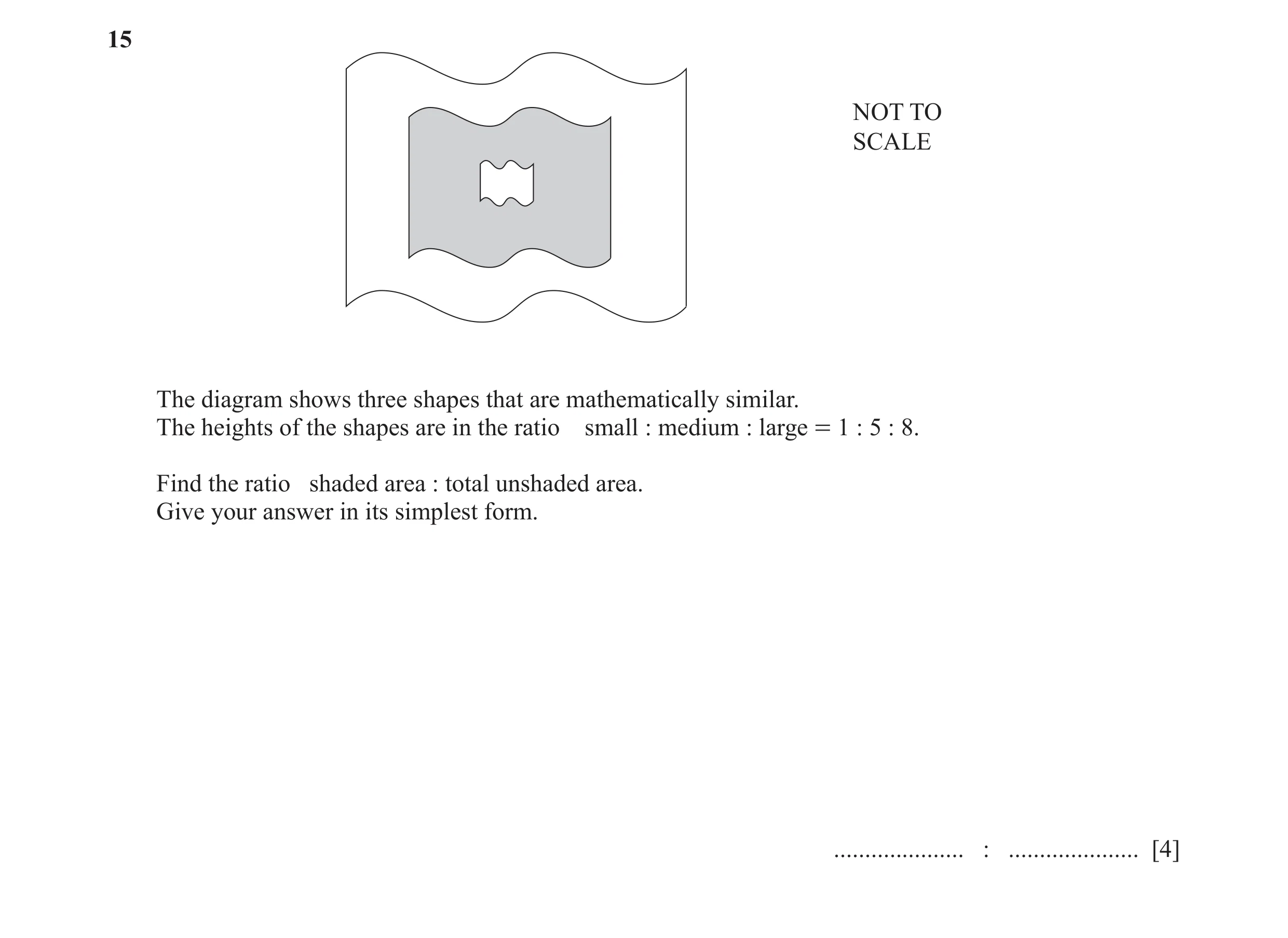 Question 94: NOT TO SCALE The diagram shows three shapes that are mathematically similar. The heights of the shapes are in the ratio small : medium : la…
