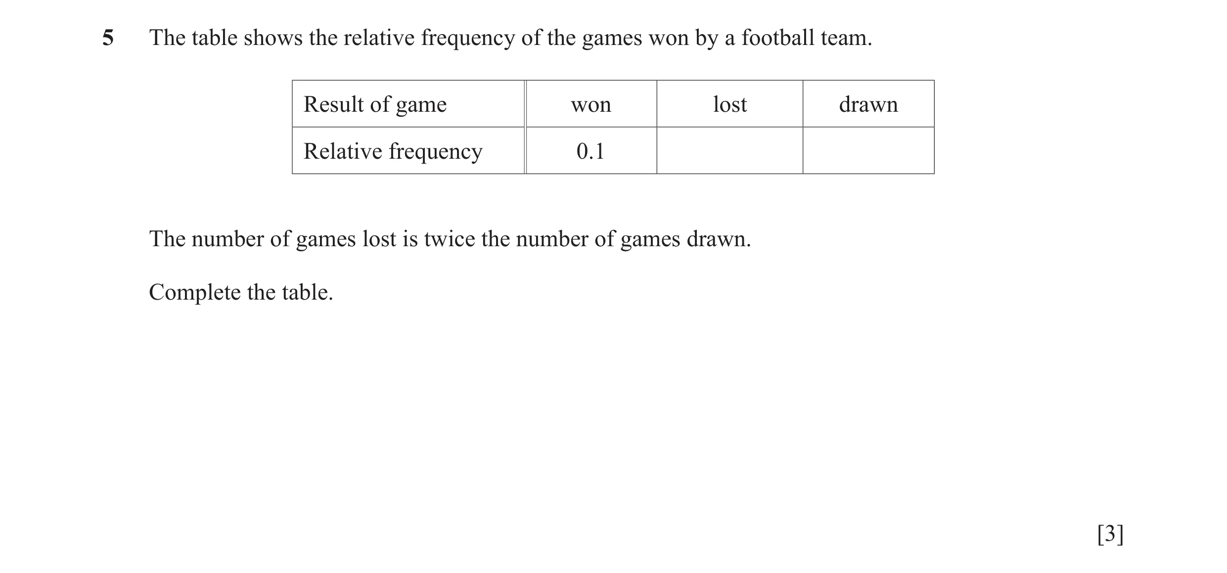 Question 20: The table shows the relative frequency of the games won by a football team. Result of game won lost drawn Relative frequency 0.1 The number…