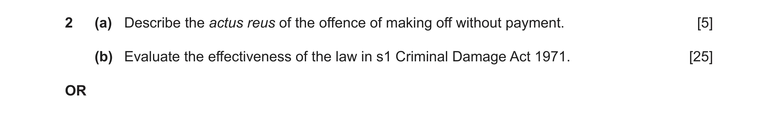 Question 24: (a) Describe the actus reus of the offence of making off without payment. [5] (b) Evaluate the effectiveness of the law in s1 Criminal Dama…