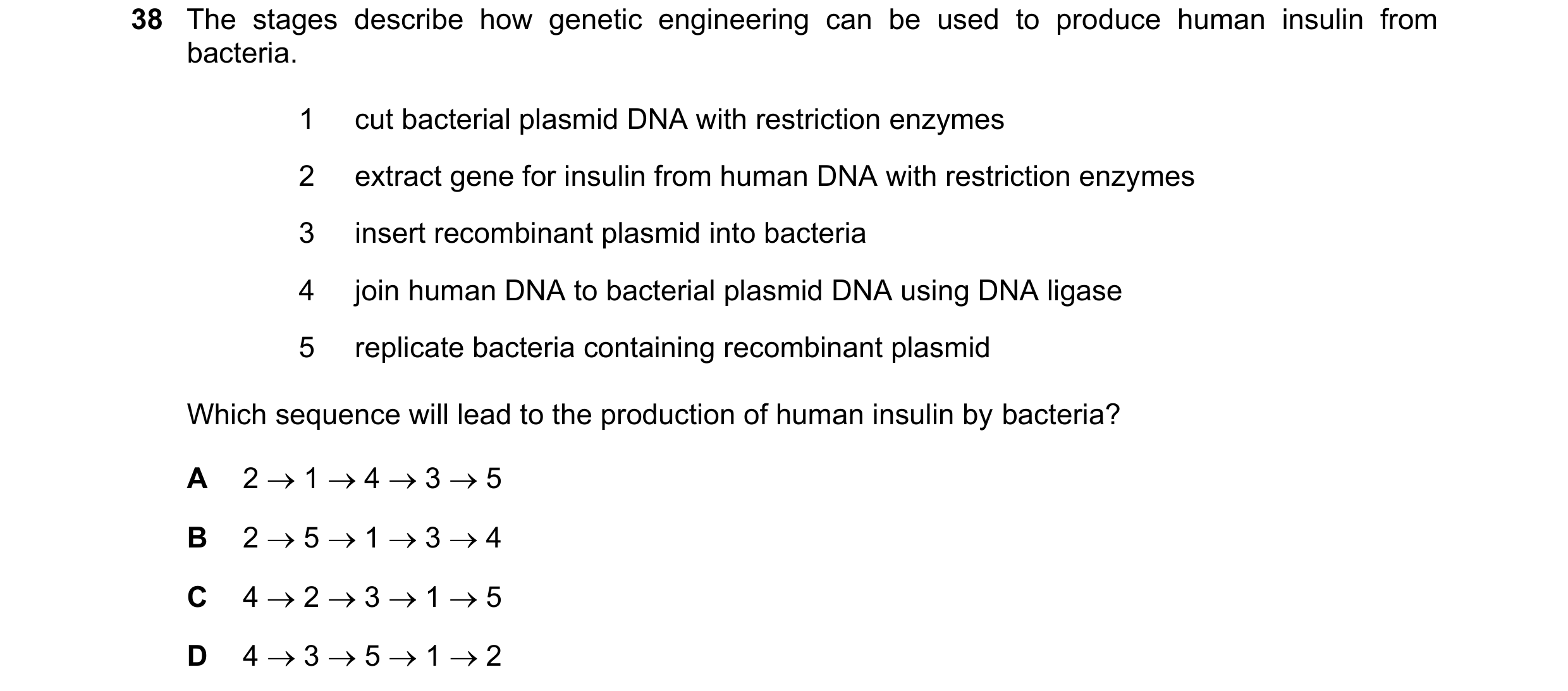 Question 8: The stages describe how genetic engineering can be used to produce human insulin from bacteria. 1 cut bacterial plasmid DNA with restrictio…