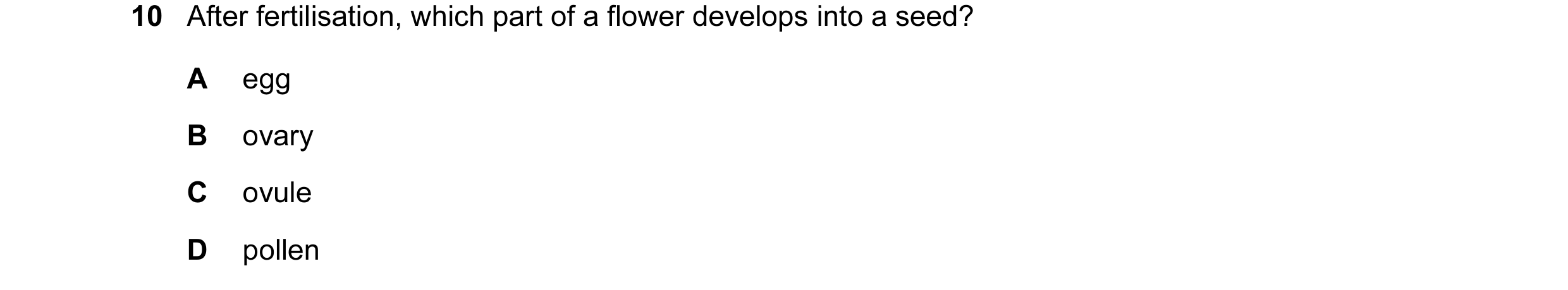 Question 13: After fertilisation, which part of a flower develops into a seed? A egg B ovary C ovule D pollen