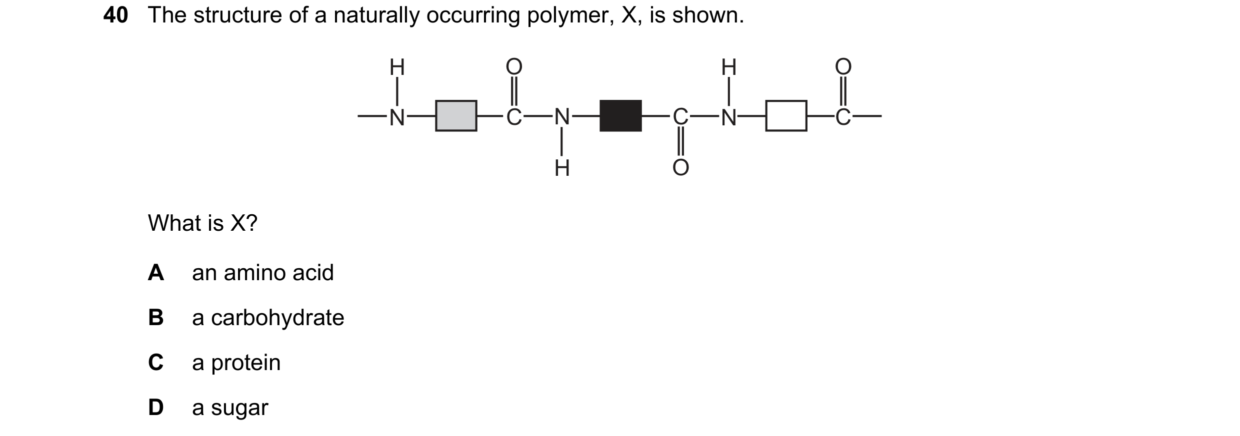 Question 5: The structure of a naturally occurring polymer, X, is shown. H O H O N C N C N C H O What is X? A an amino acid B a carbohydrate C a protei…