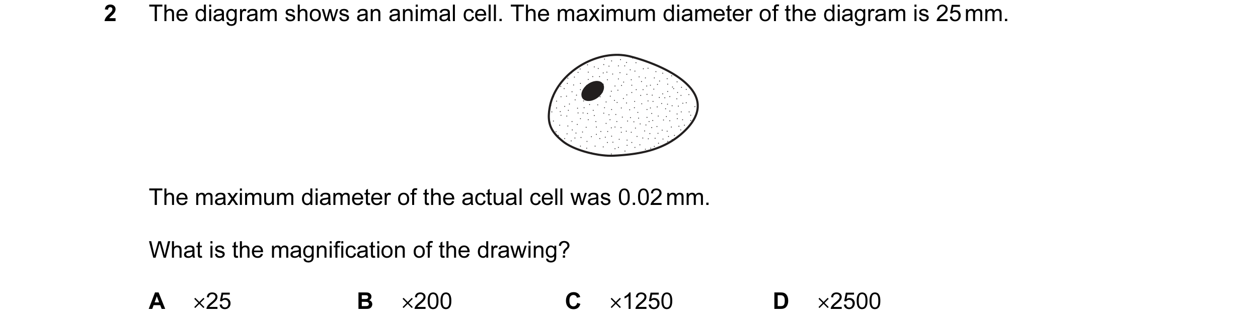 Question 5: The diagram shows an animal cell. The maximum diameter of the diagram is 25 mm. The maximum diameter of the actual cell was 0.02 mm. What i…