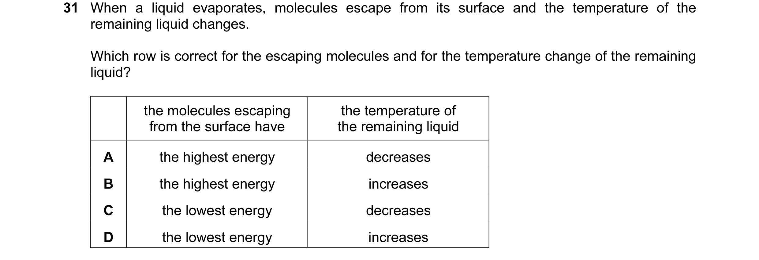 Question 30: When a liquid evaporates, molecules escape from its surface and the temperature of the remaining liquid changes. Which row is correct for t…