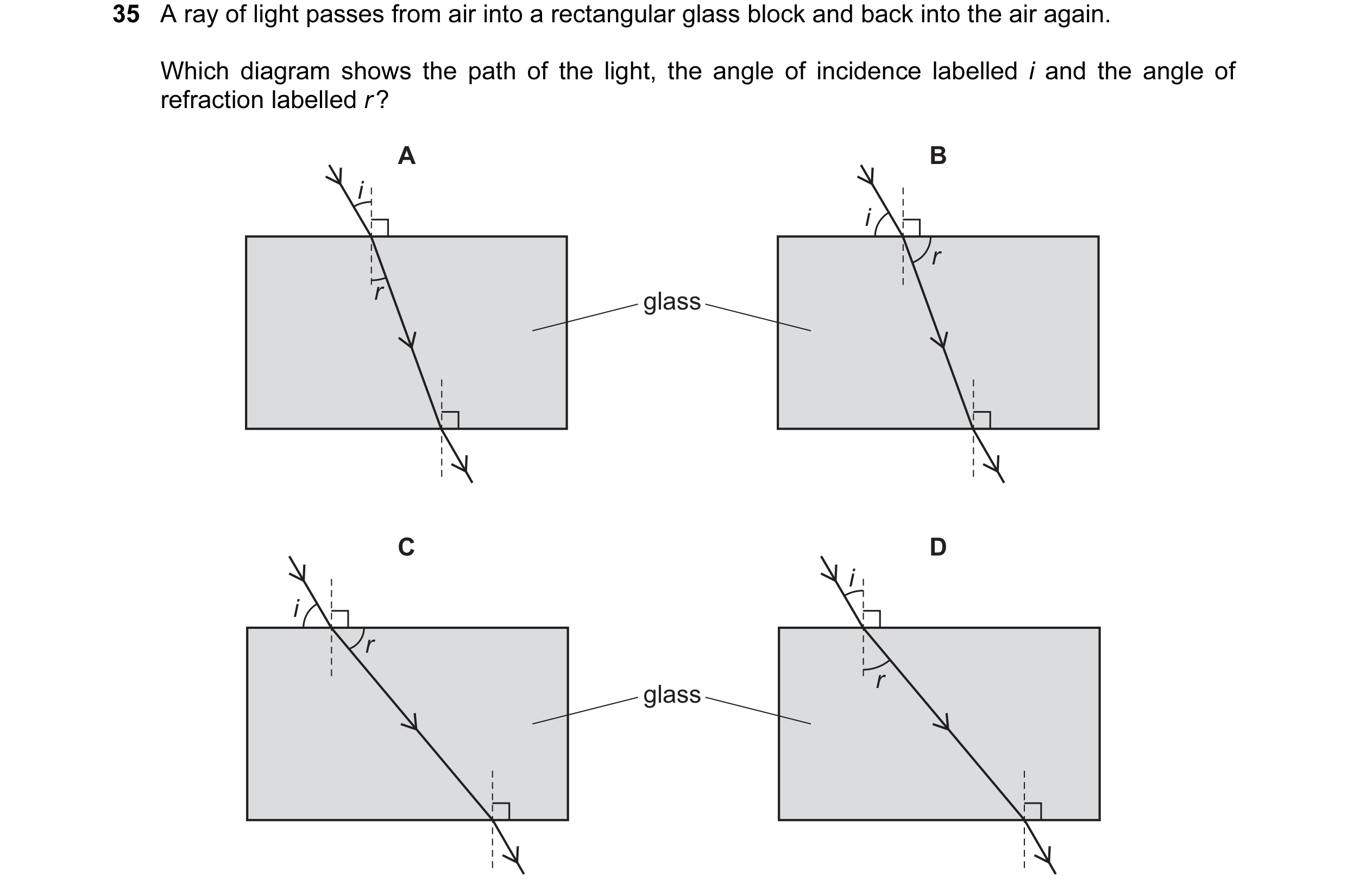 Question 47: A ray of light passes from air into a rectangular glass block and back into the air again. Which diagram shows the path of the light, the a…