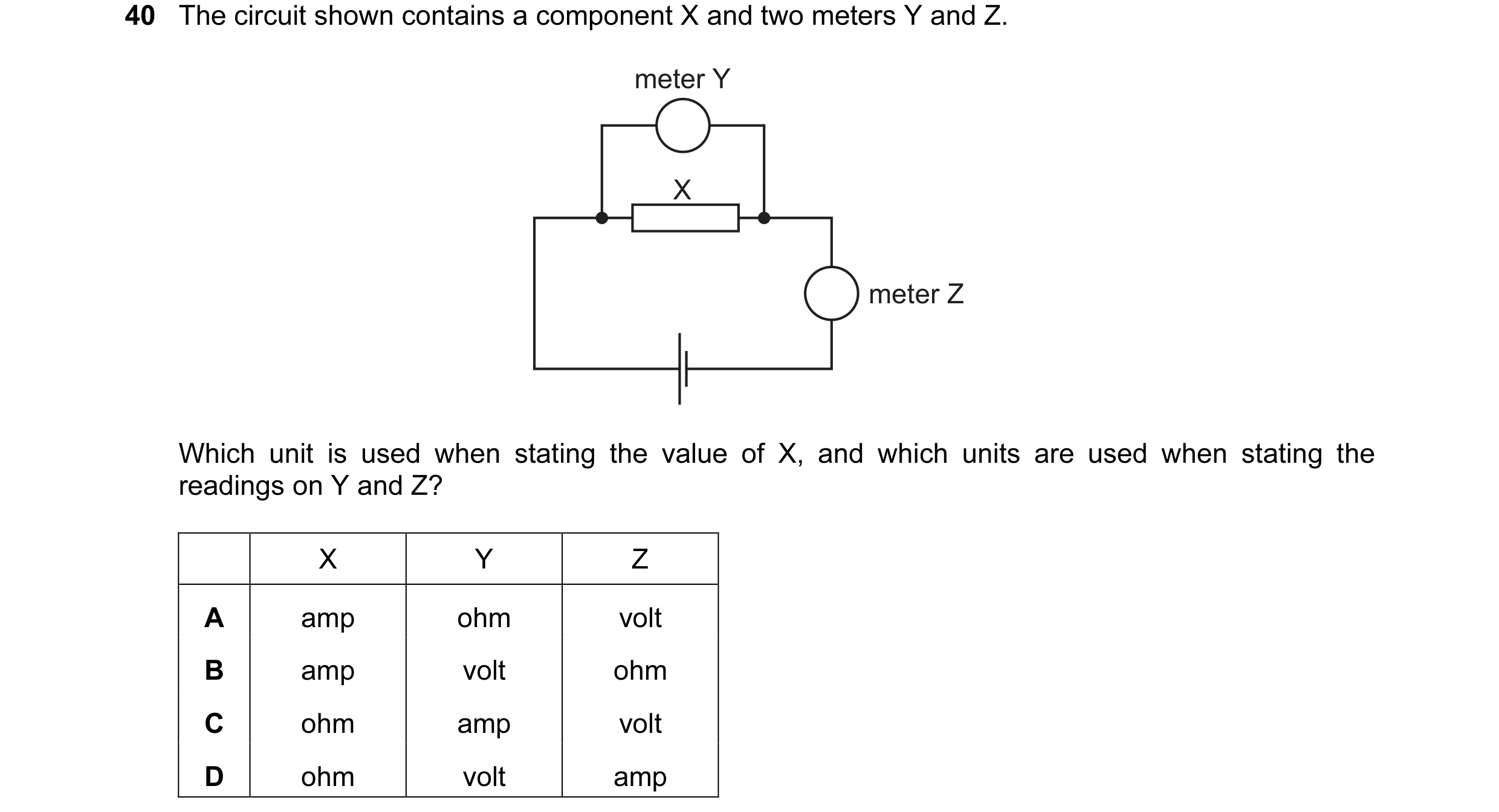Question 82: The circuit shown contains a component X and two meters Y and Z. meter Y X meter Z Which unit is used when stating the value of X, and whic…