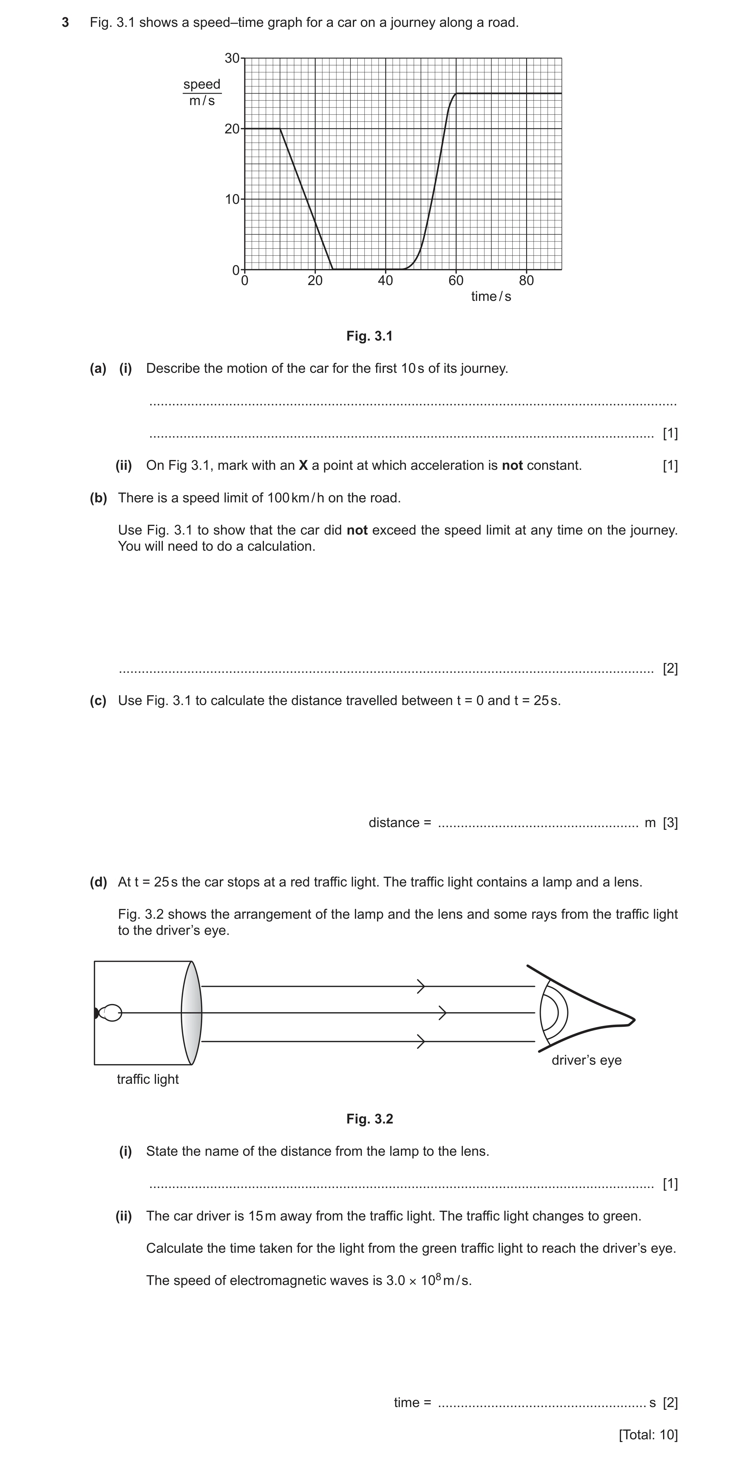 Question 25: Fig. 3.1 shows a speed–time graph for a car on a journey along a road. 30 speed m / s 20 10 00 20 40 60 80 time / s Fig. 3.1 (a) (i) Descri…