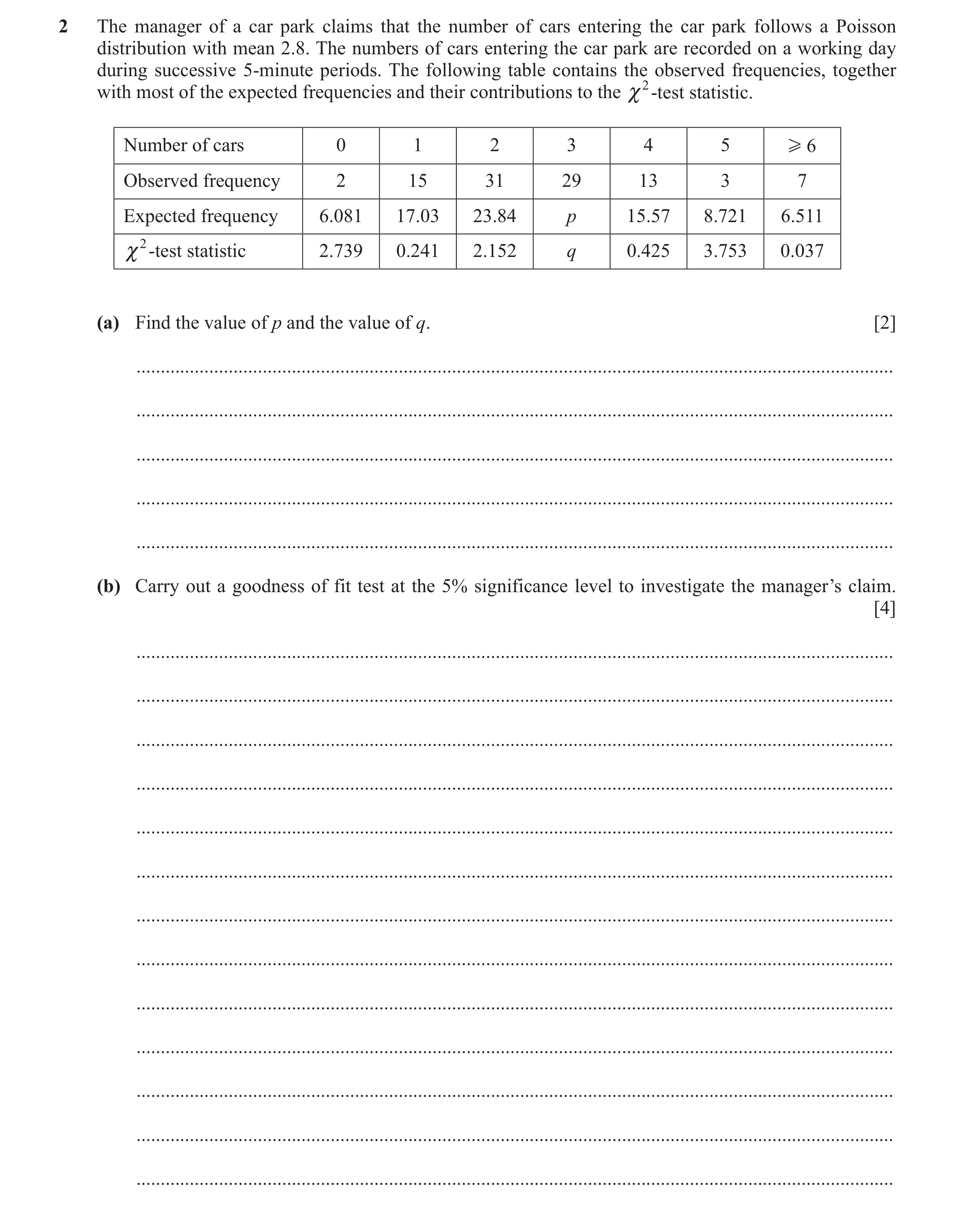 Question 32: The manager of a car park claims that the number of cars entering the car park follows a Poisson distribution with mean 2.8. The numbers of…