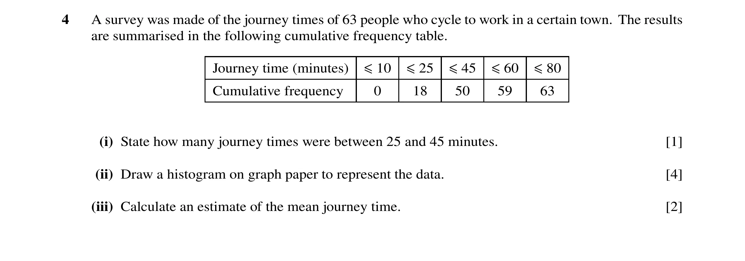 Question 46: A survey was made of the journey times of 63 people who cycle to work in a certain town. The results are summarised in the following cumula…