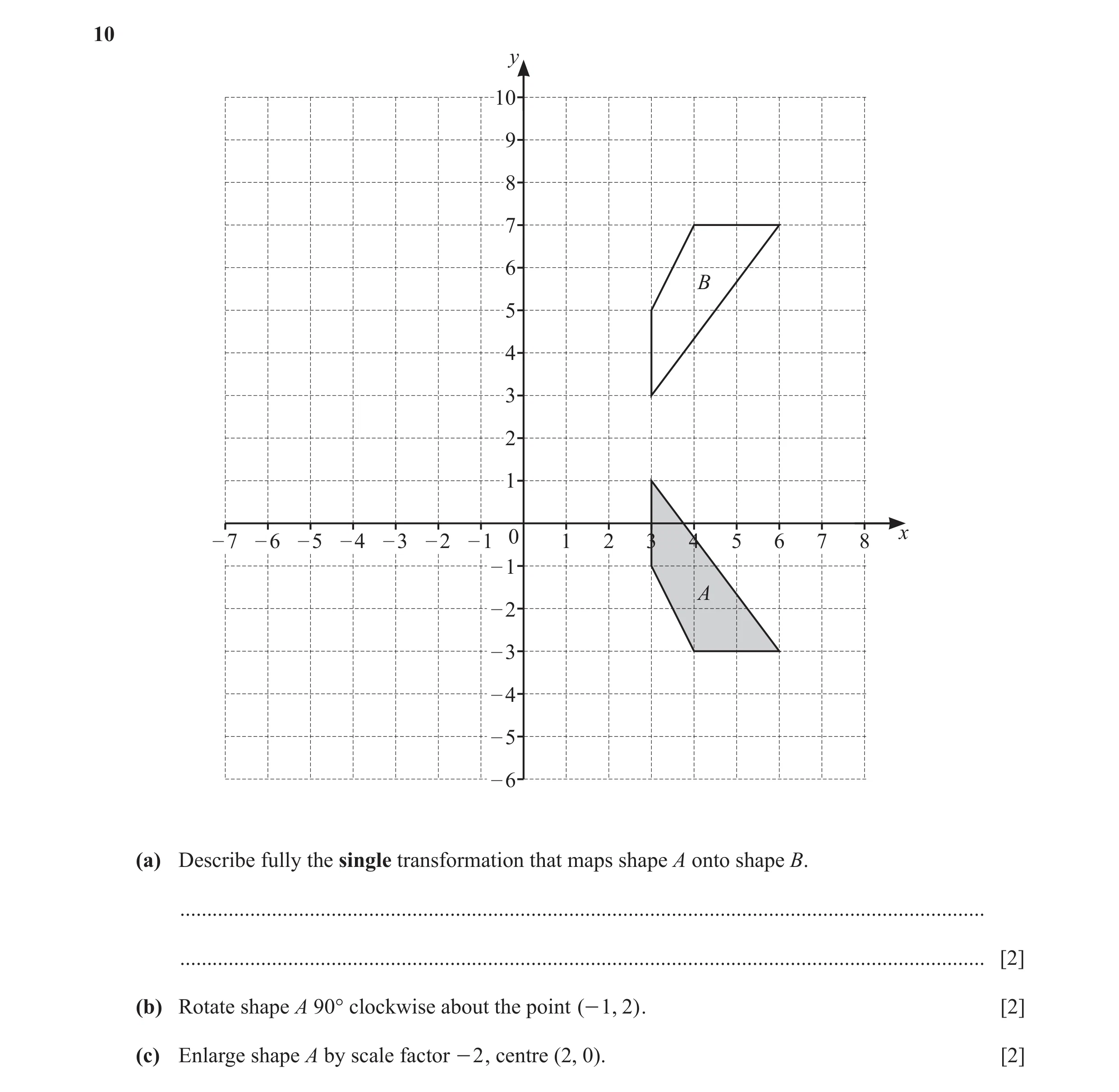 Question 31: y 10 9 8 7 6 B 5 4 3 2 1 – 7 – 6 – 5 – 4 – 3 – 2 – 1 0 1 2 3 4 5 6 7 8 x – 1 A – 2 – 3 – 4 – 5 – 6 (a) Describe fully the single transforma…