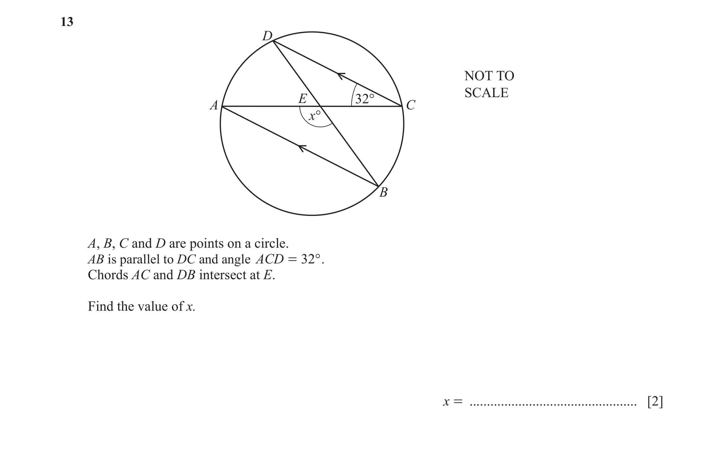 Question 35: D NOT TO SCALE E 32° A C x° B A, B, C and D are points on a circle. AB is parallel to DC and angle ACD = 32° . Chords AC and DB intersect a…