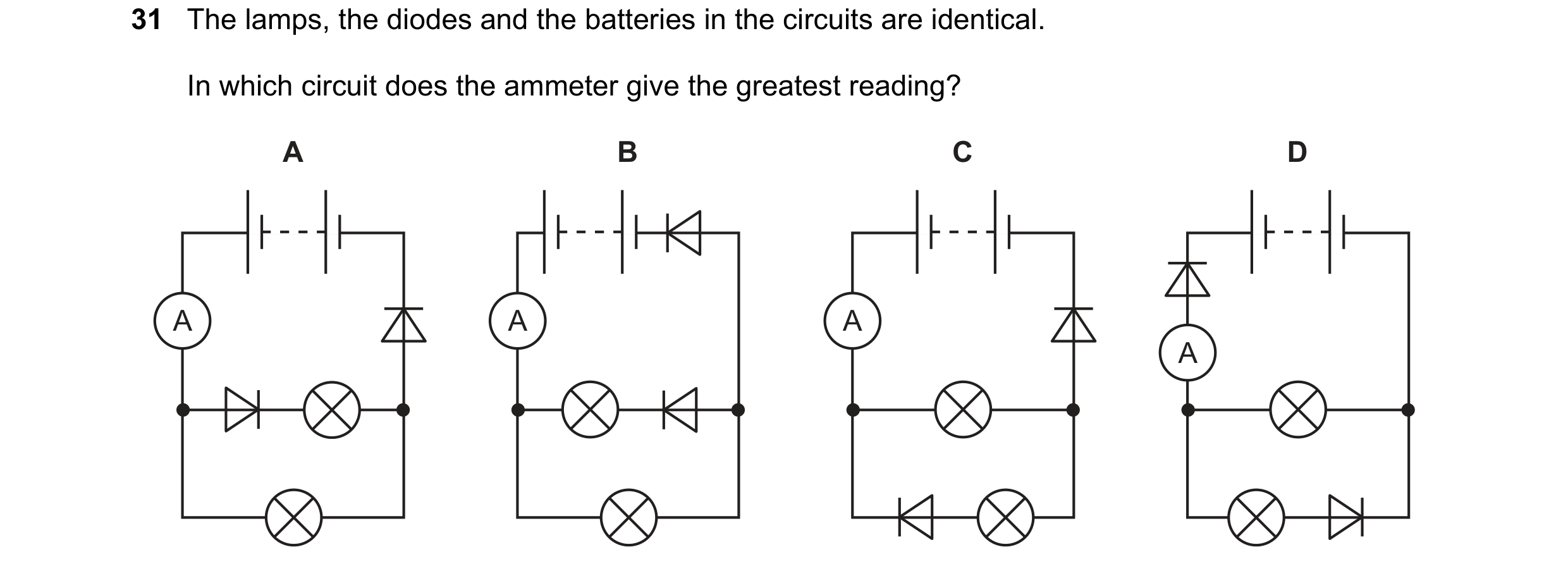 Question 158: The lamps, the diodes and the batteries in the circuits are identical. In which circuit does the ammeter give the greatest reading? A B C D…