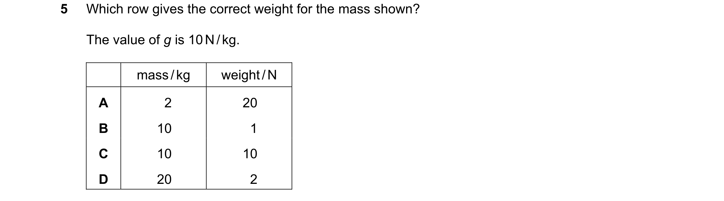 Question 48: Which row gives the correct weight for the mass shown? The value of g is 10 N / kg. mass / kg weight / N A 2 20 B 10 1 C 10 10 D 20 2