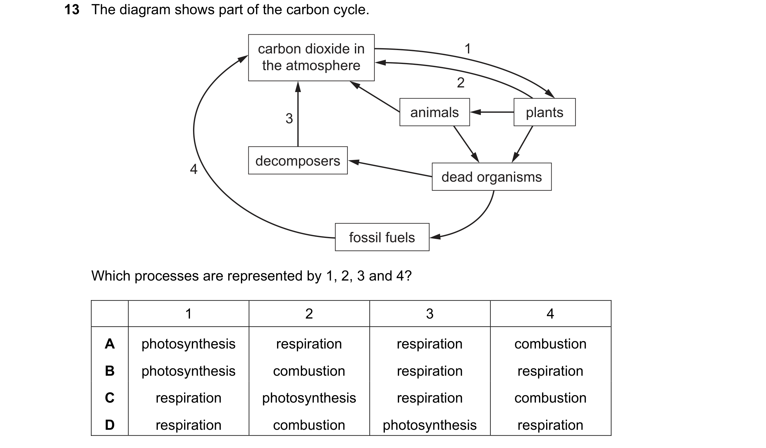 Question 50: The diagram shows part of the carbon cycle. carbon dioxide in 1 the atmosphere 2 3 animals plants decomposers 4 dead organisms fossil fuels…