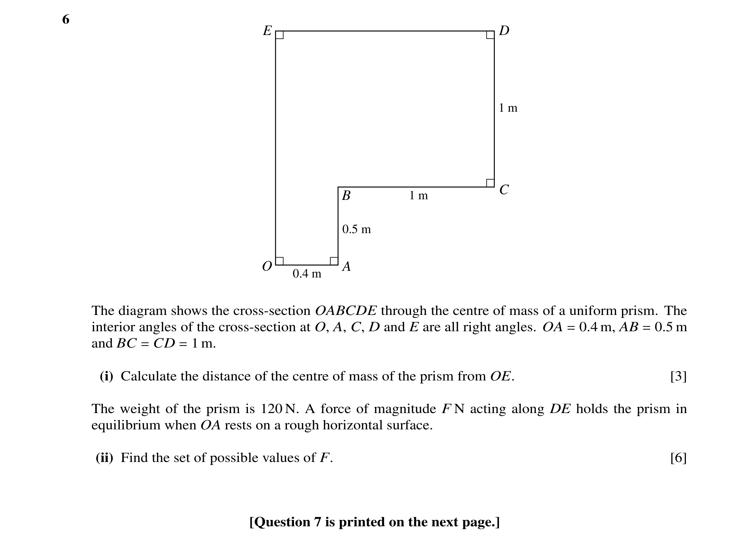 Question 71: E D 1 m C B 1 m 0.5 m O A 0.4 m The diagram shows the cross-section OABCDE through the centre of mass of a uniform prism. The interior angl…