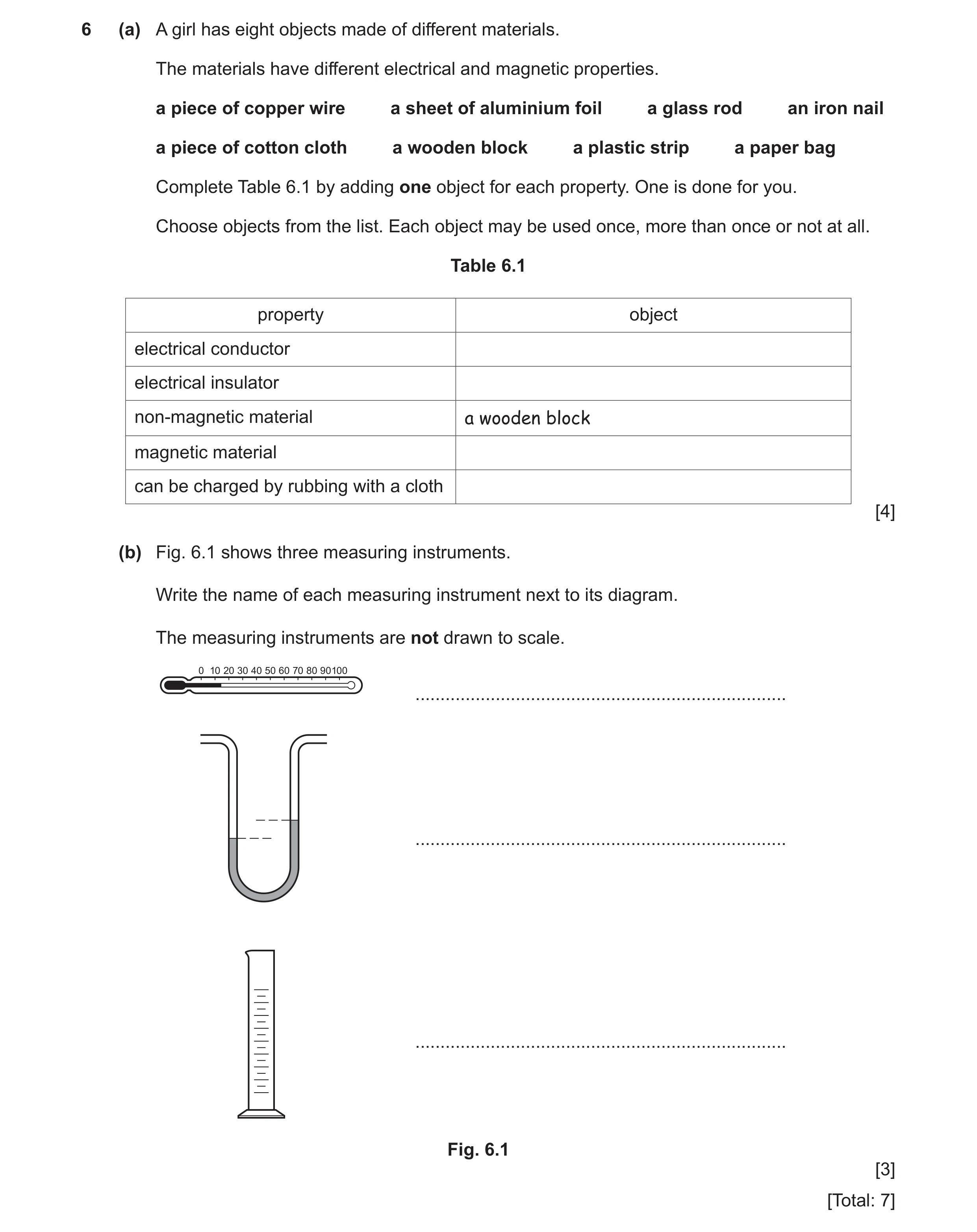 Question 25: (a) A girl has eight objects made of different materials. The materials have different electrical and magnetic properties. a piece of coppe…
