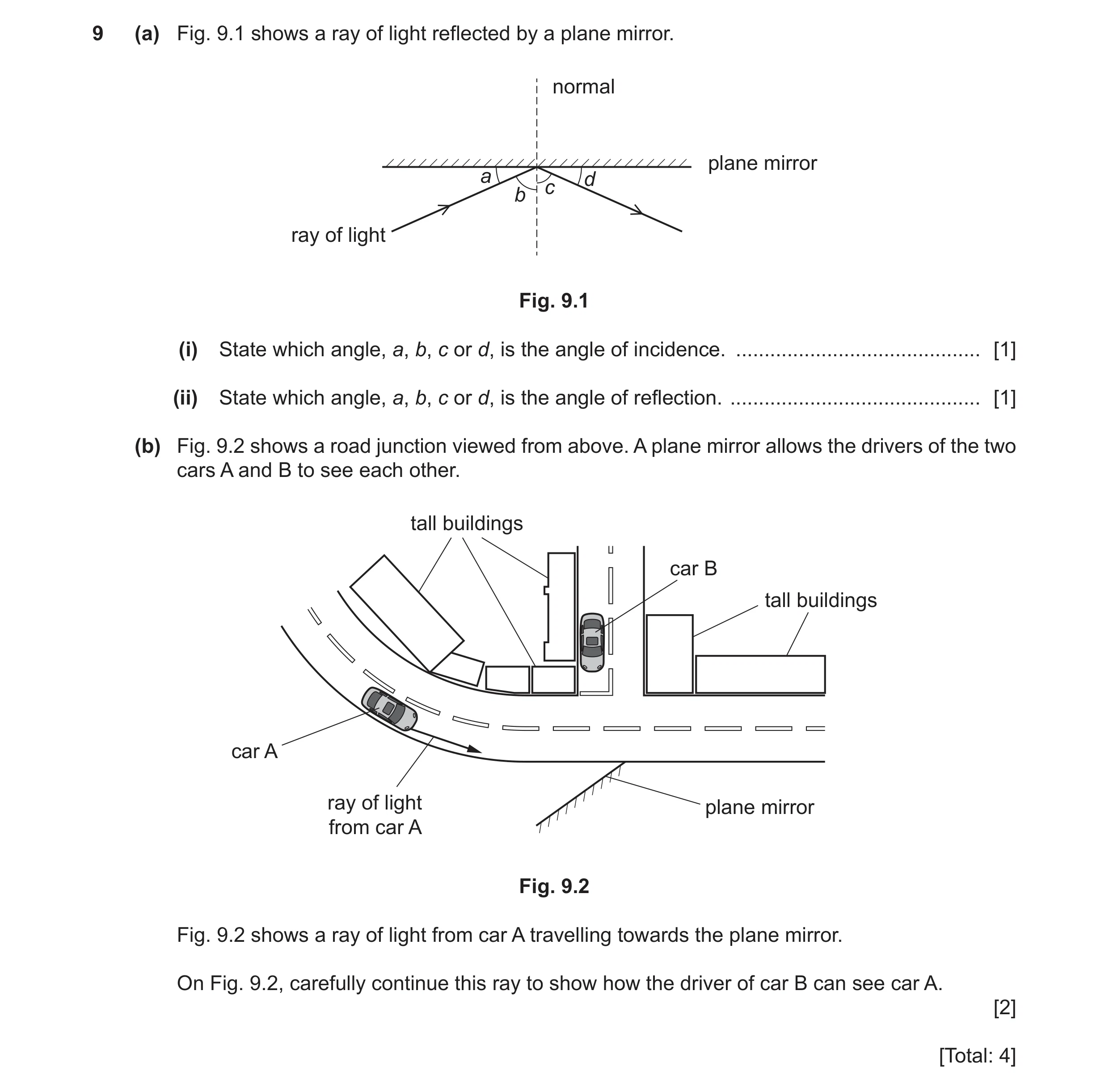 Question 30: (a) Fig. 9.1 shows a ray of light reflected by a plane mirror. normal plane mirror a d c b ray of light Fig. 9.1 (i) State which angle, a, …