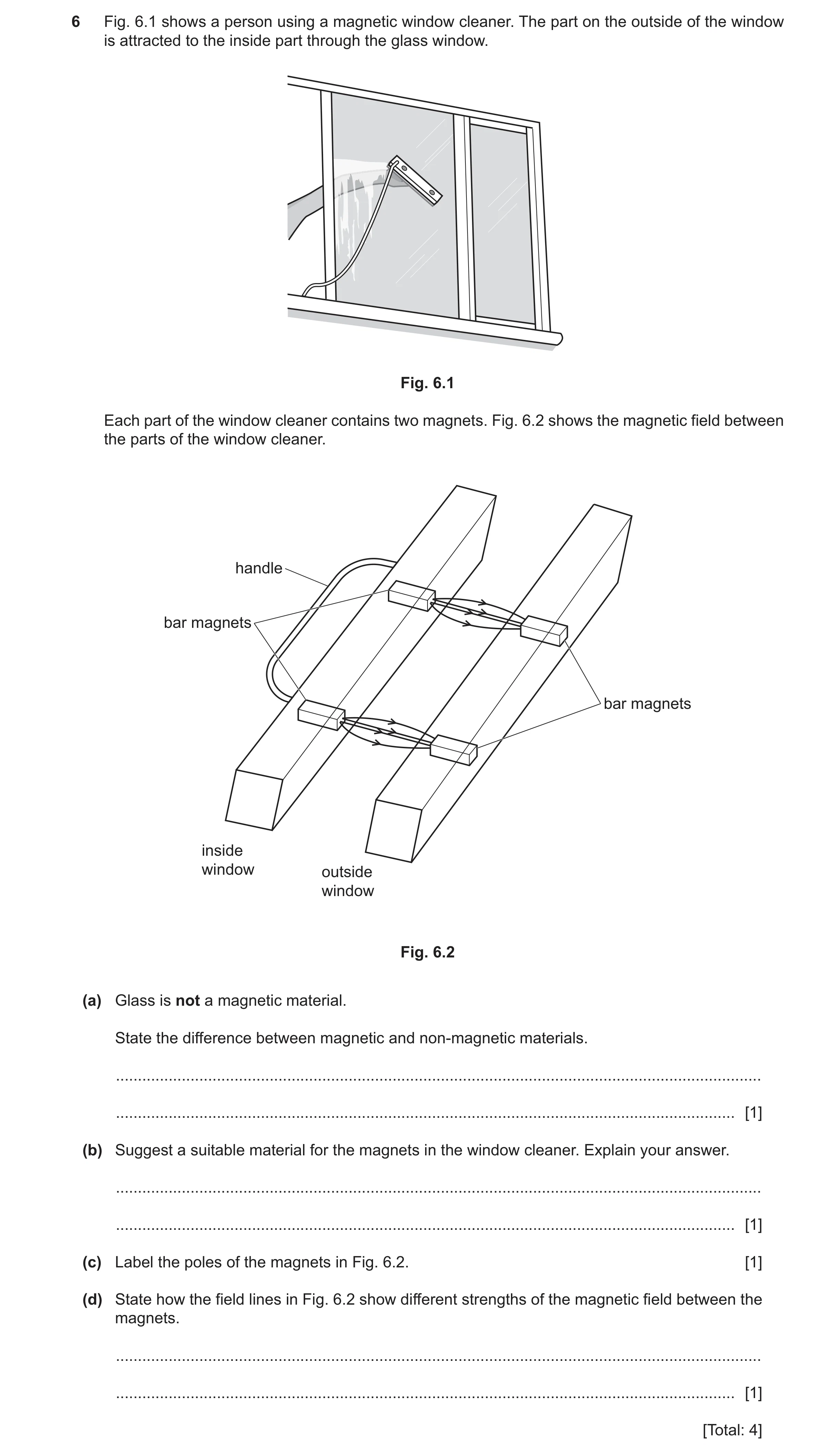 Question 21: Fig. 6.1 shows a person using a magnetic window cleaner. The part on the outside of the window is attracted to the inside part through the …