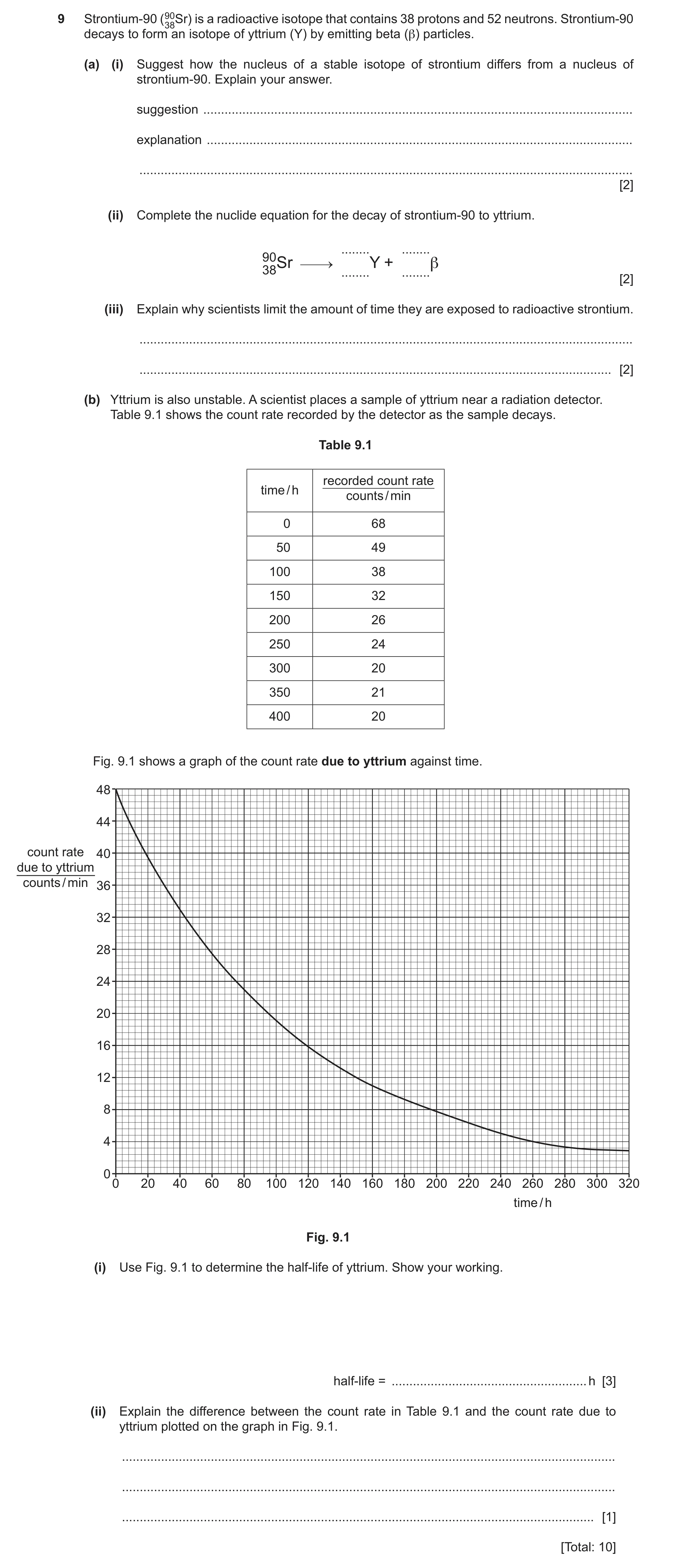 Question 32: Strontium-90 (9038Sr) is a radioactive isotope that contains 38 protons and 52 neutrons. Strontium-90 decays to form an isotope of yttrium …