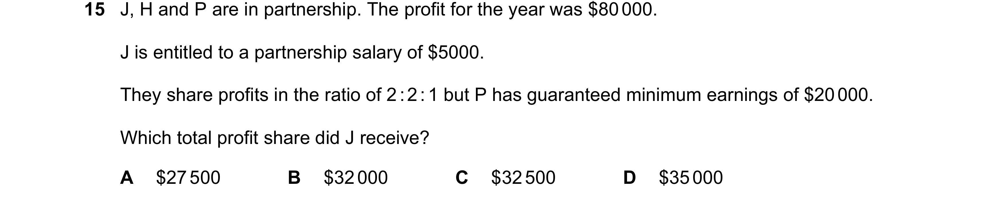 Question 500: J, H and P are in partnership. The profit for the year was $80 000. J is entitled to a partnership salary of $5000. They share profits in t…