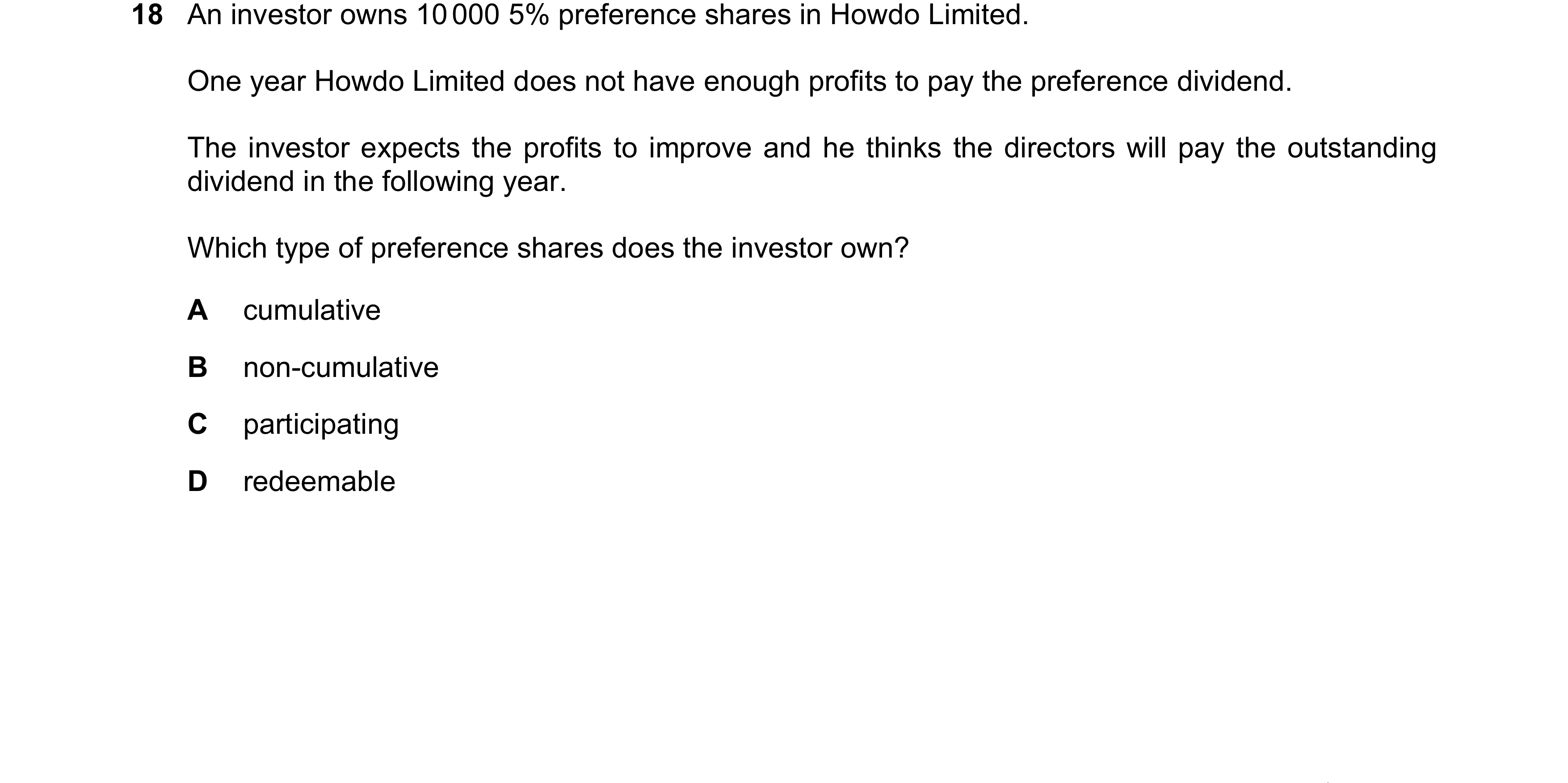 Question 196: An investor owns 10 000 5% preference shares in Howdo Limited. One year Howdo Limited does not have enough profits to pay the preference di…