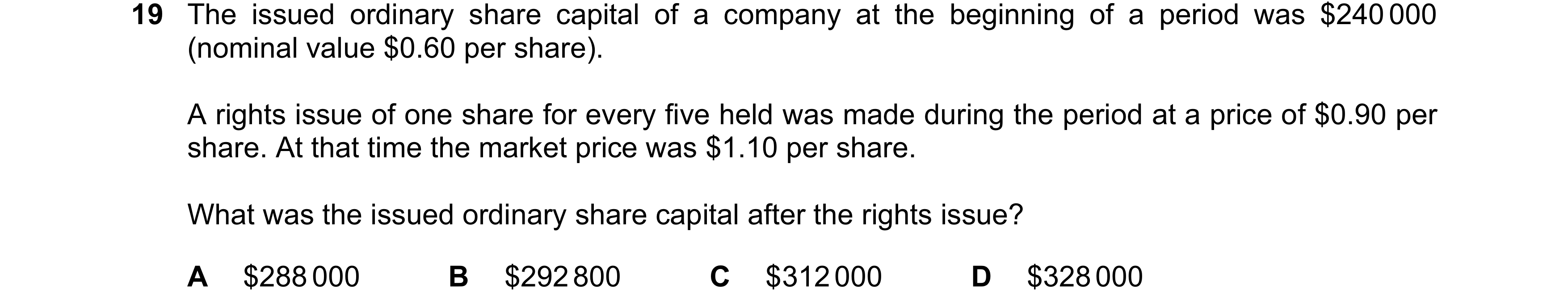 Question 501: The issued ordinary share capital of a company at the beginning of a period was $240 000 (nominal value $0.60 per share). A rights issue of…