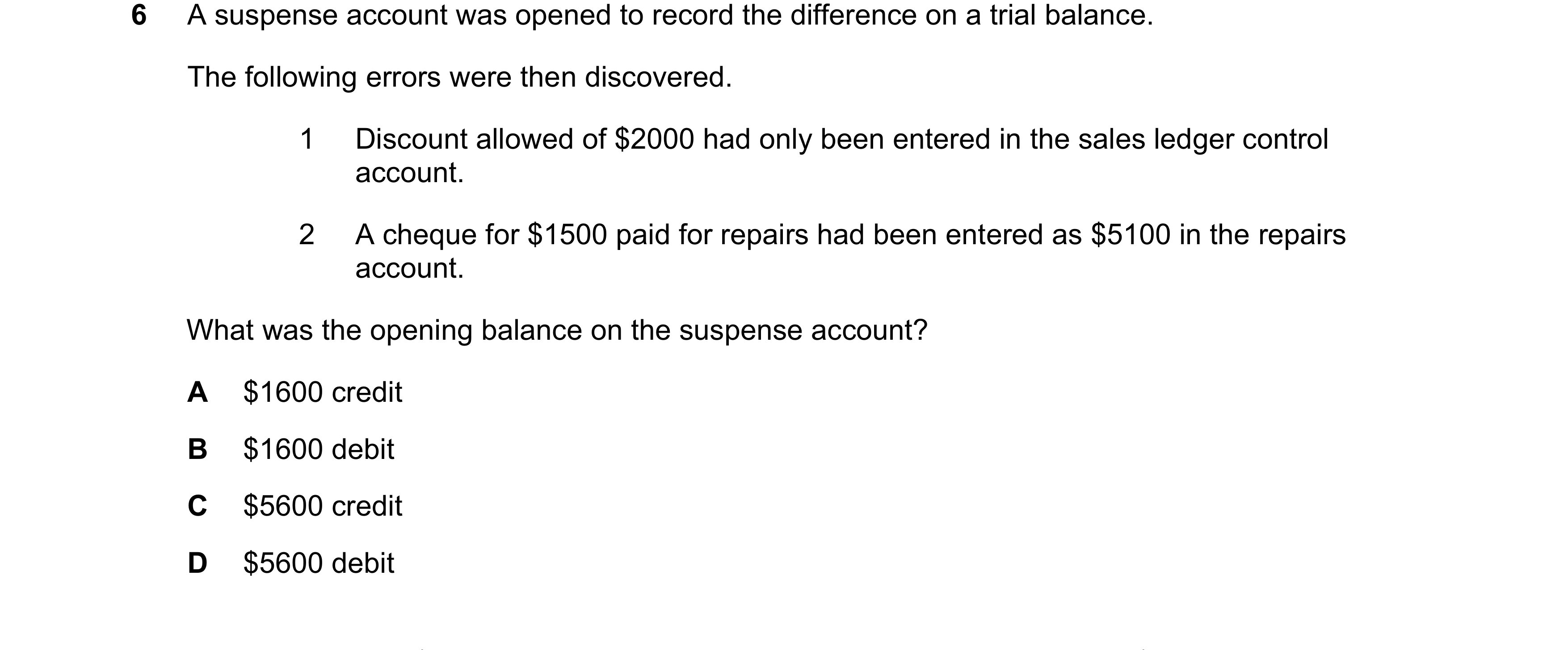 Question 178: A suspense account was opened to record the difference on a trial balance. The following errors were then discovered. 1 Discount allowed of…