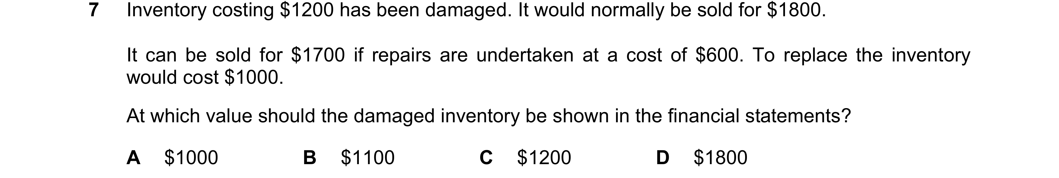 Question 149: Inventory costing $1200 has been damaged. It would normally be sold for $1800. It can be sold for $1700 if repairs are undertaken at a cost…