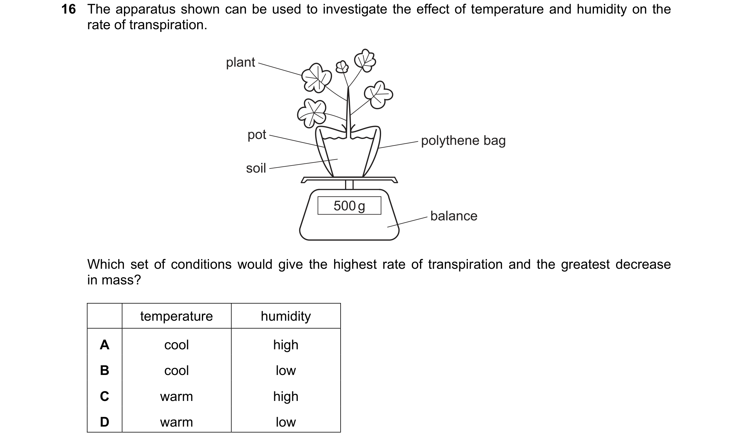 Question 17: The apparatus shown can be used to investigate the effect of temperature and humidity on the rate of transpiration. plant pot polythene bag…