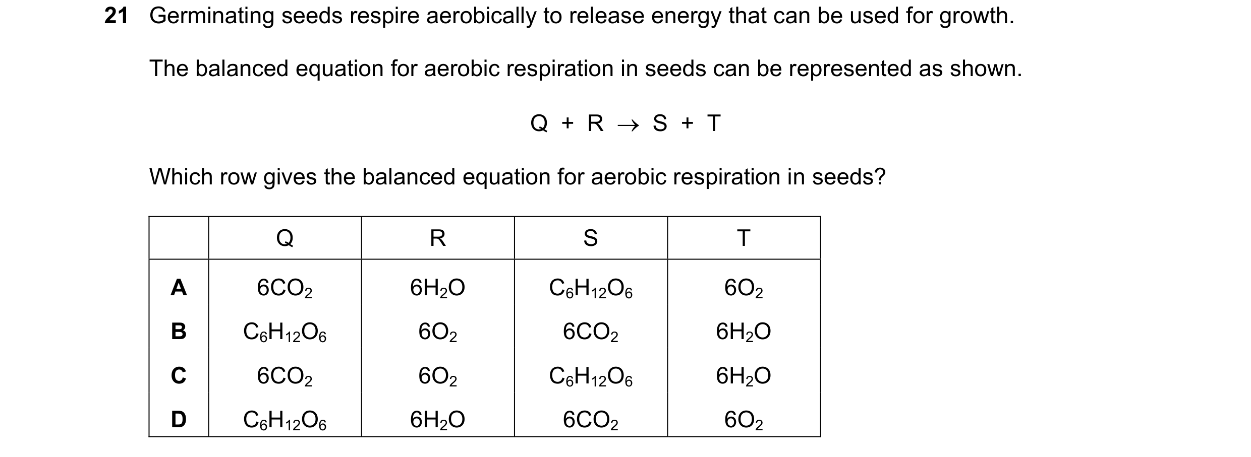 Question 14: Germinating seeds respire aerobically to release energy that can be used for growth. The balanced equation for aerobic respiration in seeds…