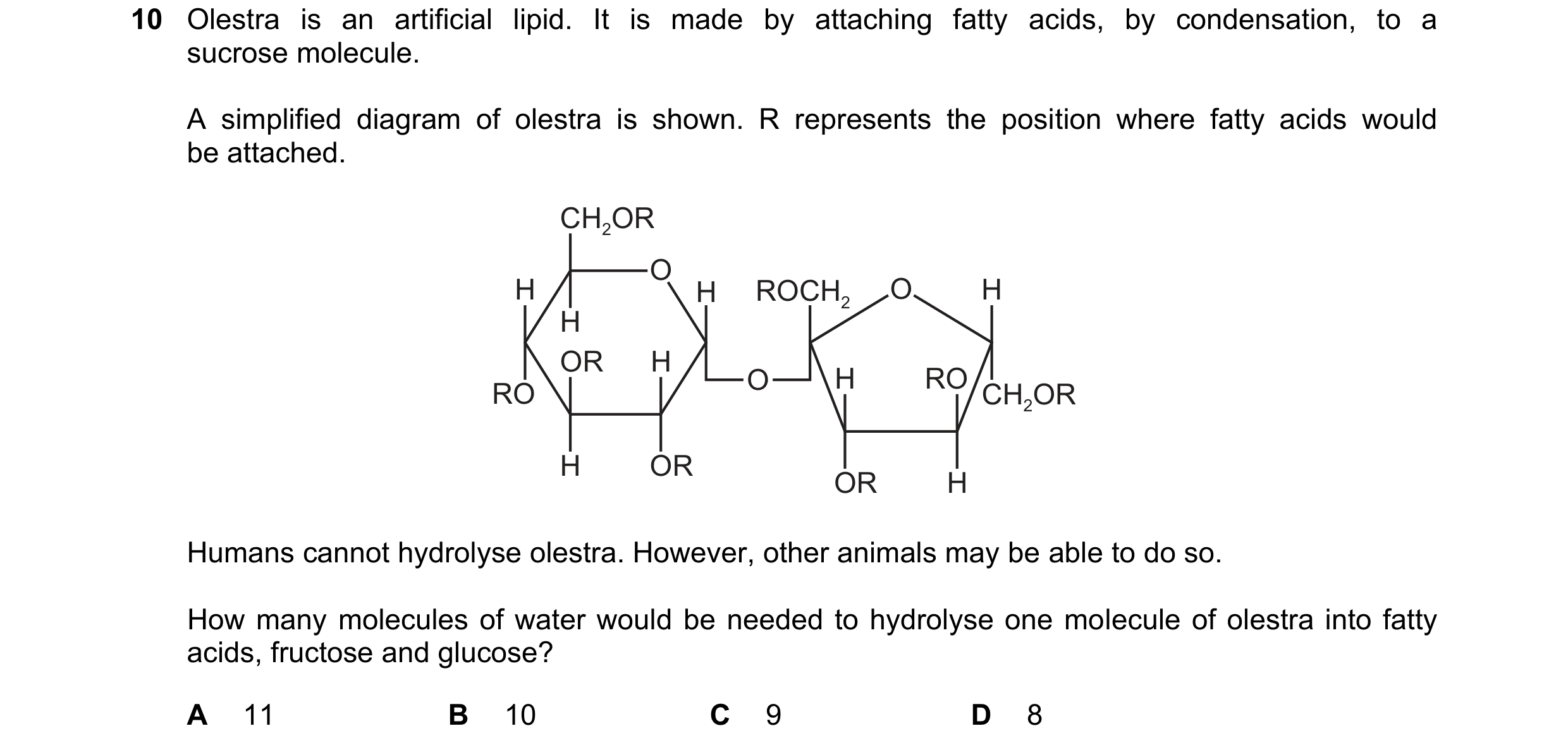 Question 289: Olestra is an artificial lipid. It is made by attaching fatty acids, by condensation, to a sucrose molecule. A simplified diagram of olestr…