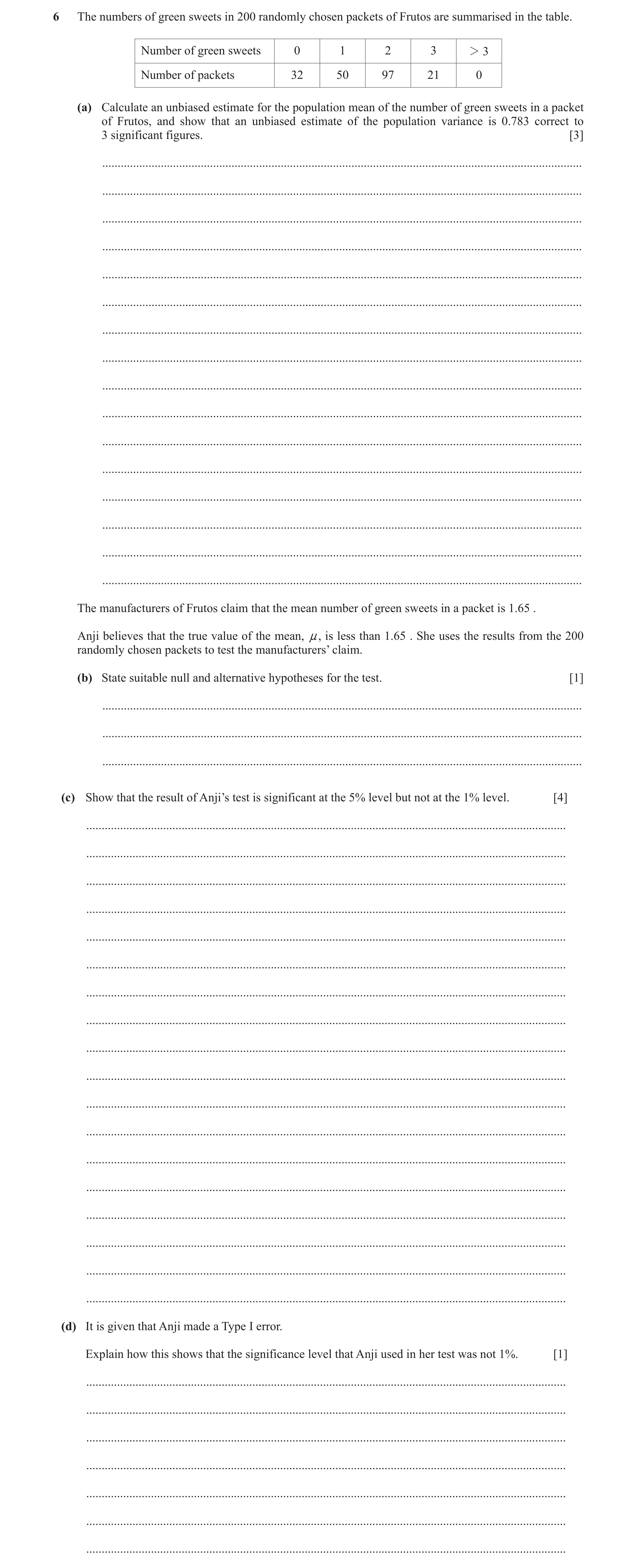 Question 96: The numbers of green sweets in 200 randomly chosen packets of Frutos are summarised in the table. Number of green sweets 0 1 2 3 2 3 Number…