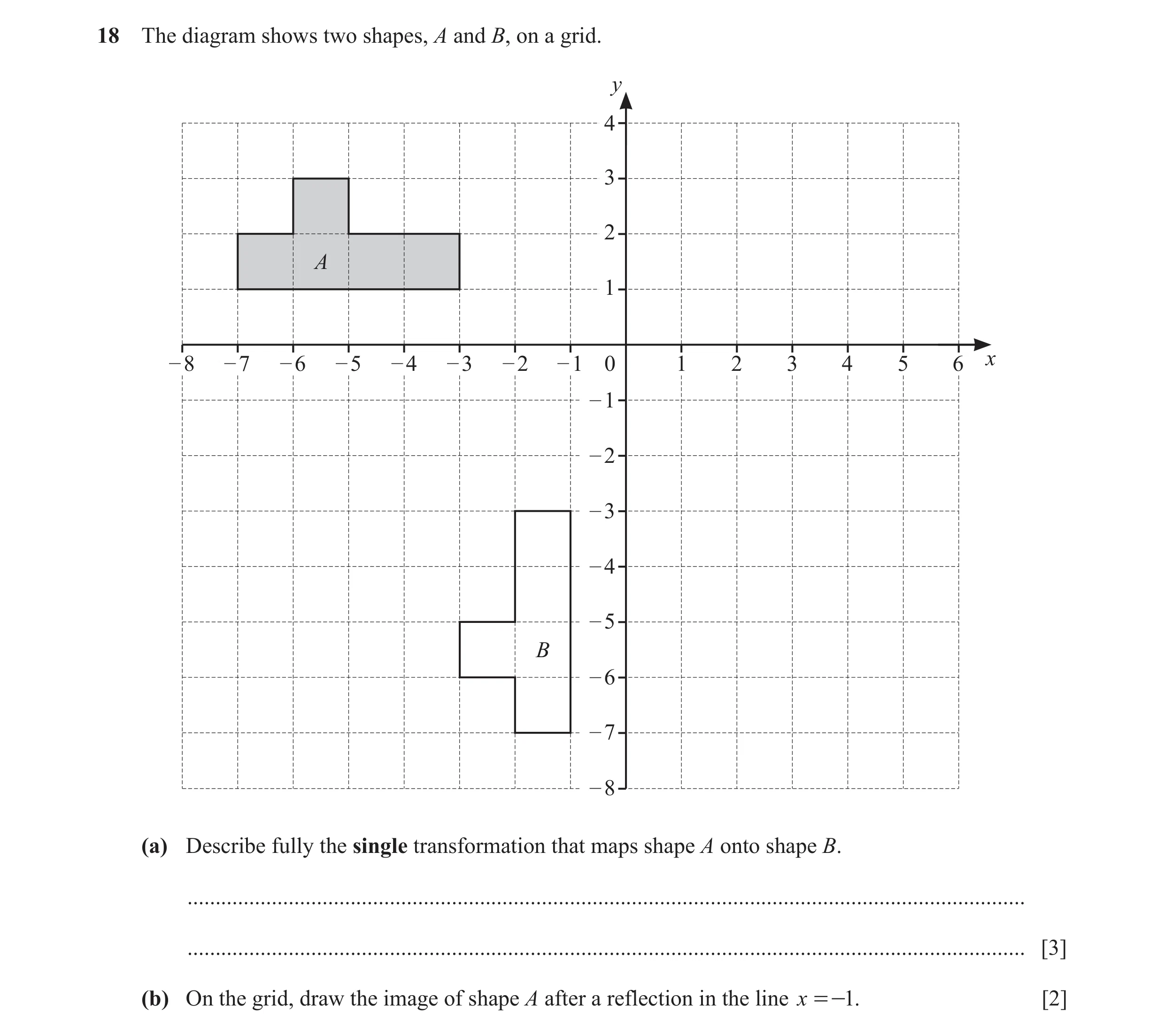 Question 19: The diagram shows two shapes, A and B, on a grid. y 4 3 2 A 1 – 8 – 7 – 6 – 5 – 4 – 3 – 2 – 1 0 1 2 3 4 5 6 x – 1 – 2 – 3 – 4 – 5 B – 6 – 7…