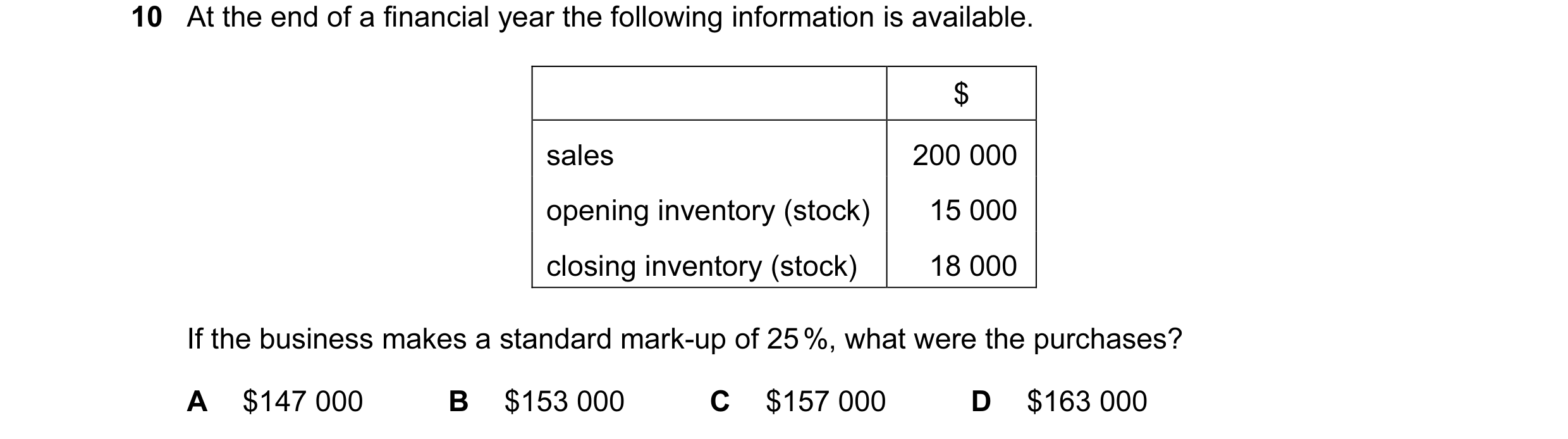 Question 45: At the end of a financial year the following information is available. $ sales 200 000 opening inventory (stock) 15 000 closing inventory (…
