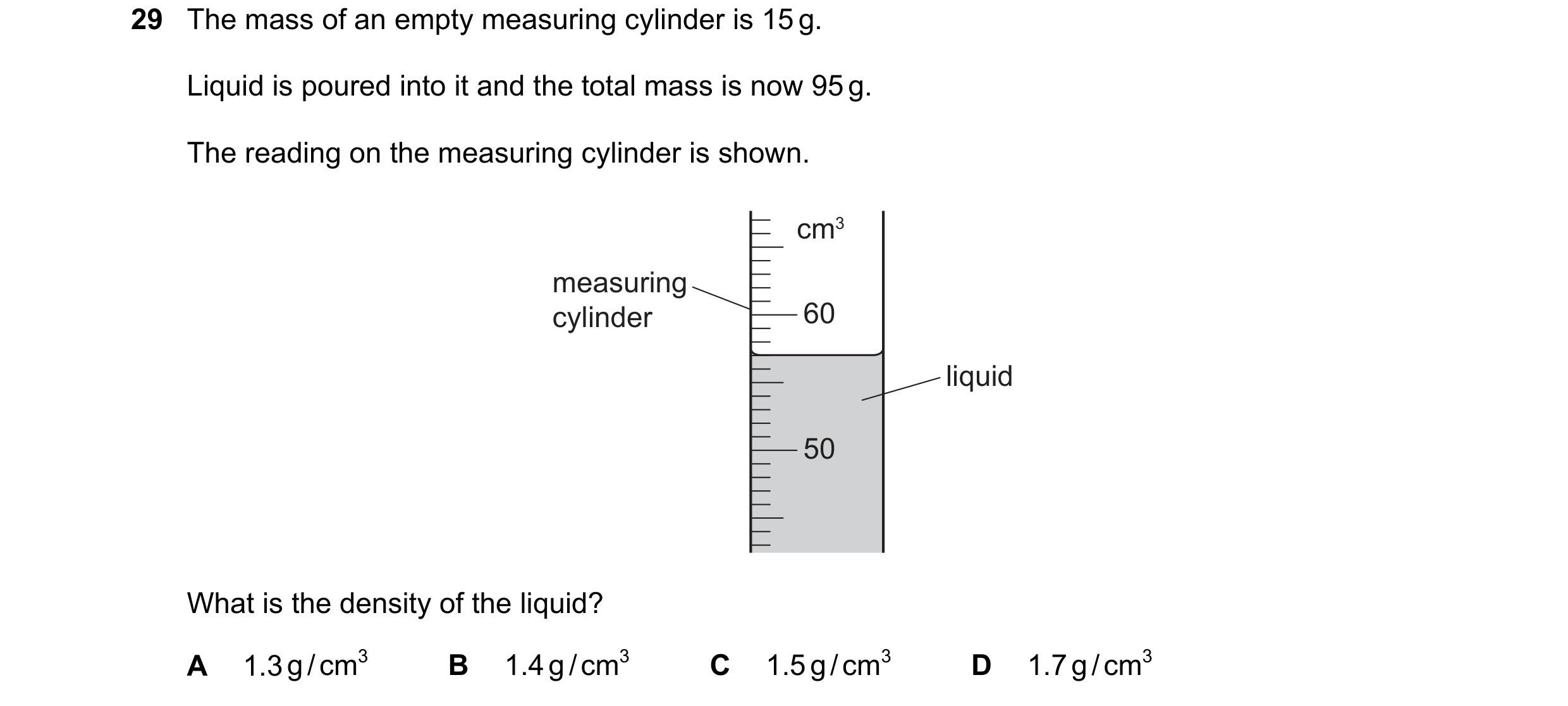 Question 52: The mass of an empty measuring cylinder is 15 g. Liquid is poured into it and the total mass is now 95 g. The reading on the measuring cyli…